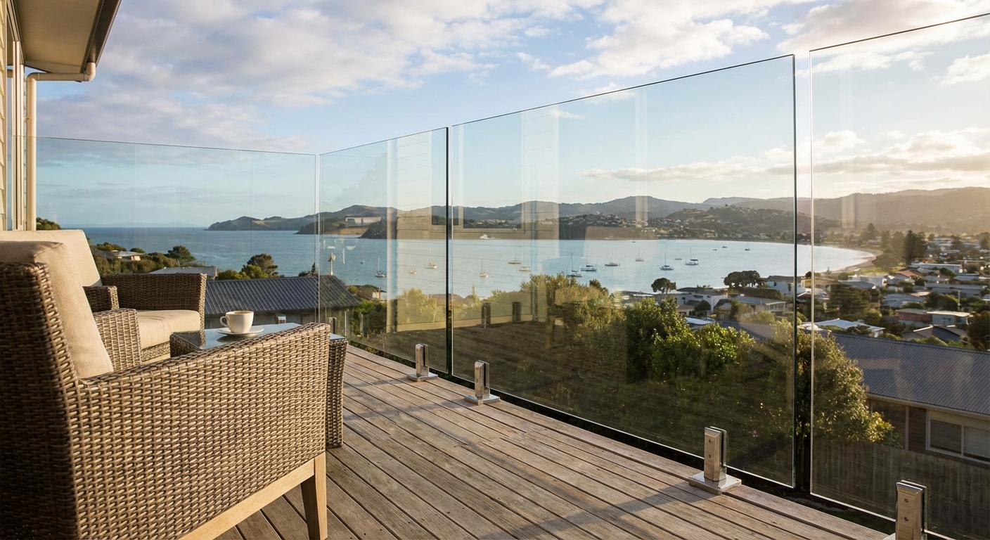 Glass balustrade installed on a residential balcony overlooking a garden.