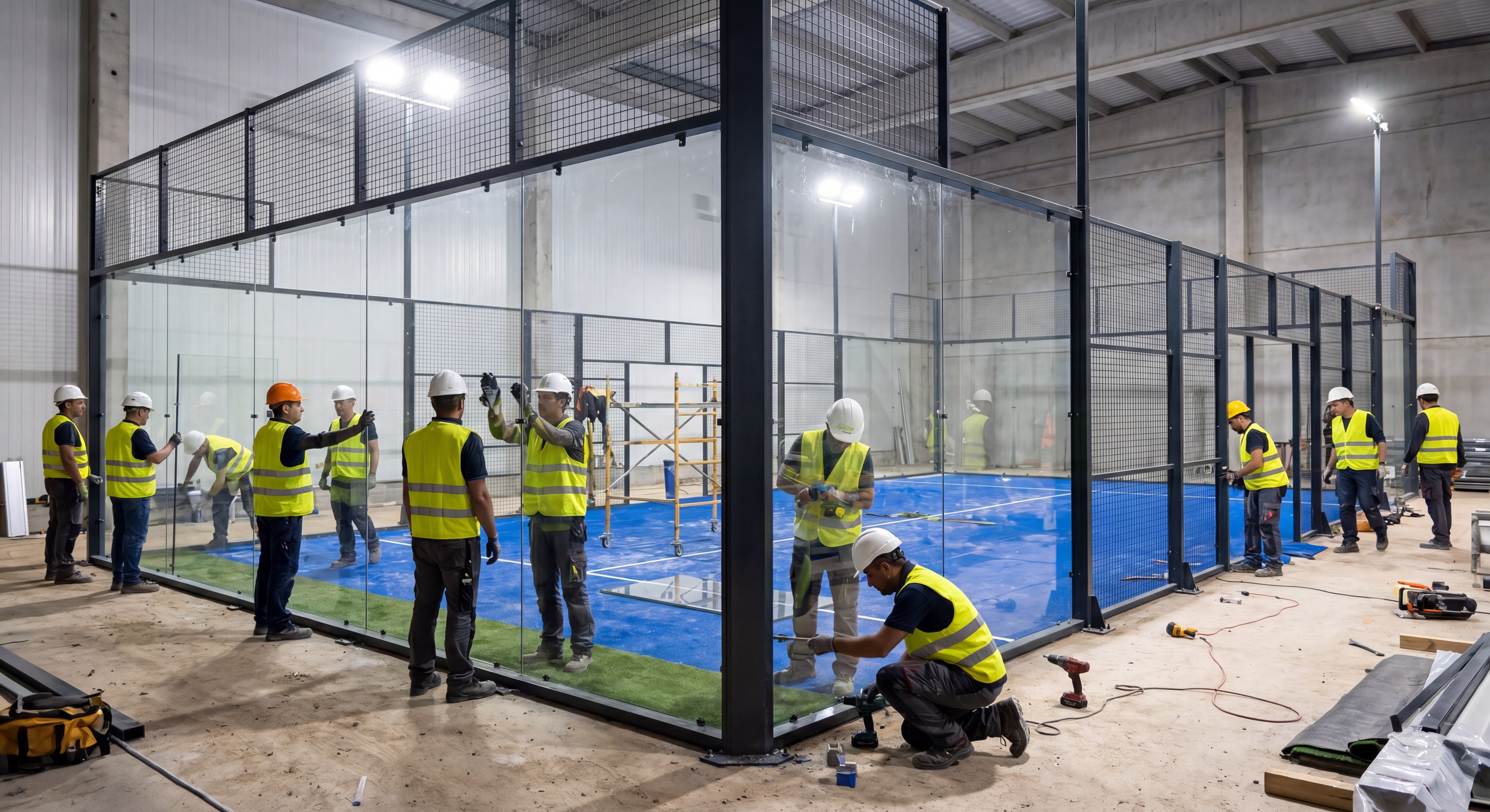 A construction crew carefully installing the glass panels of a padel court