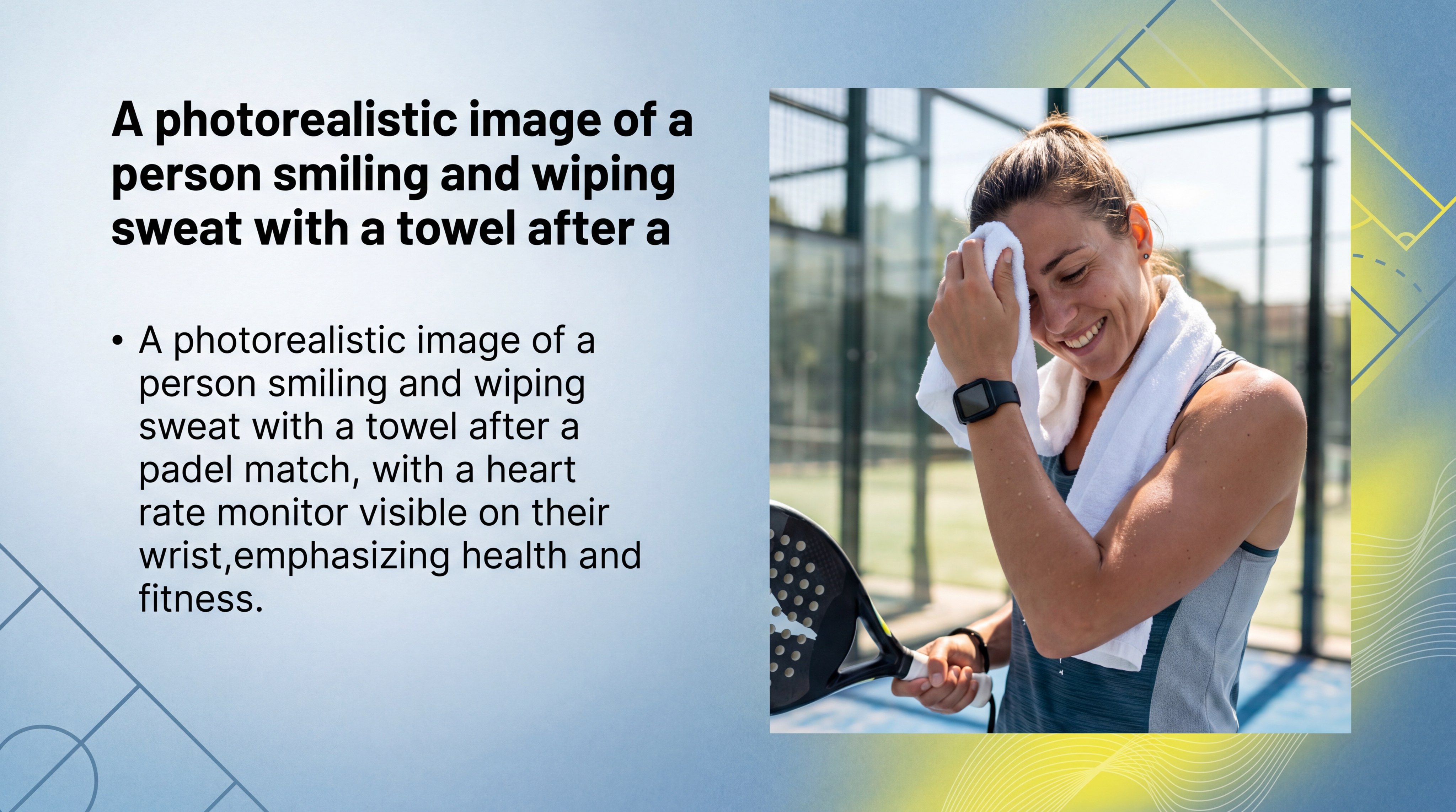 A photorealistic image of a person smiling and wiping sweat with a towel after a padel match