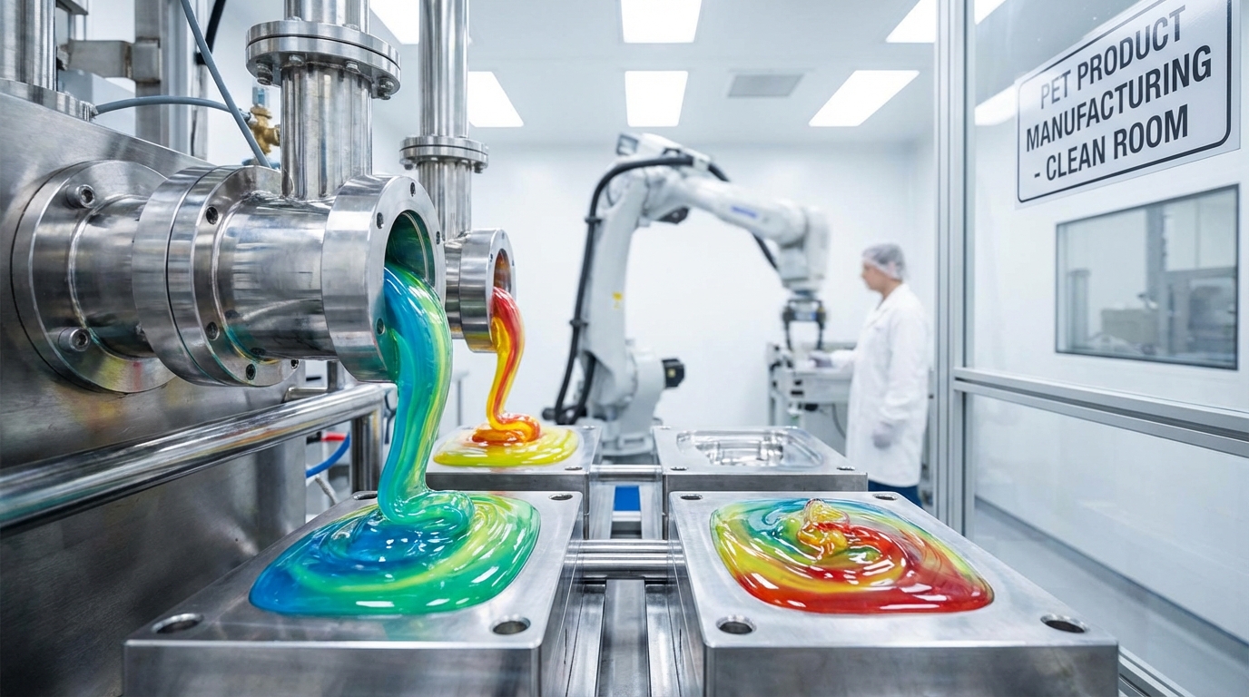 Robotic arm in a high-precision manufacturing clean room dispensing colorful liquid silicone into molds