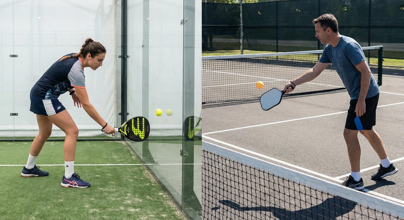 Split screen of a padel serve and a pickleball serve