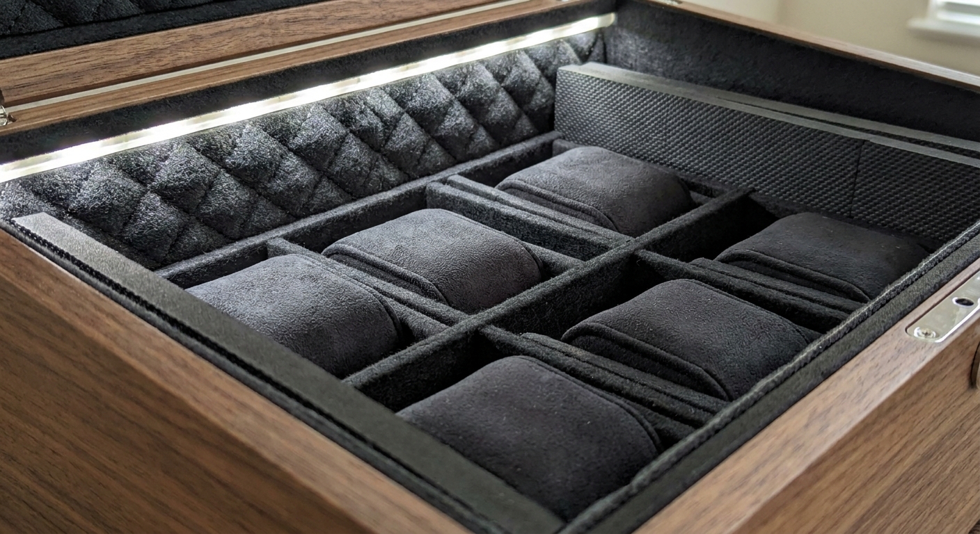 Noise-dampening components inside a 6 watch winder box