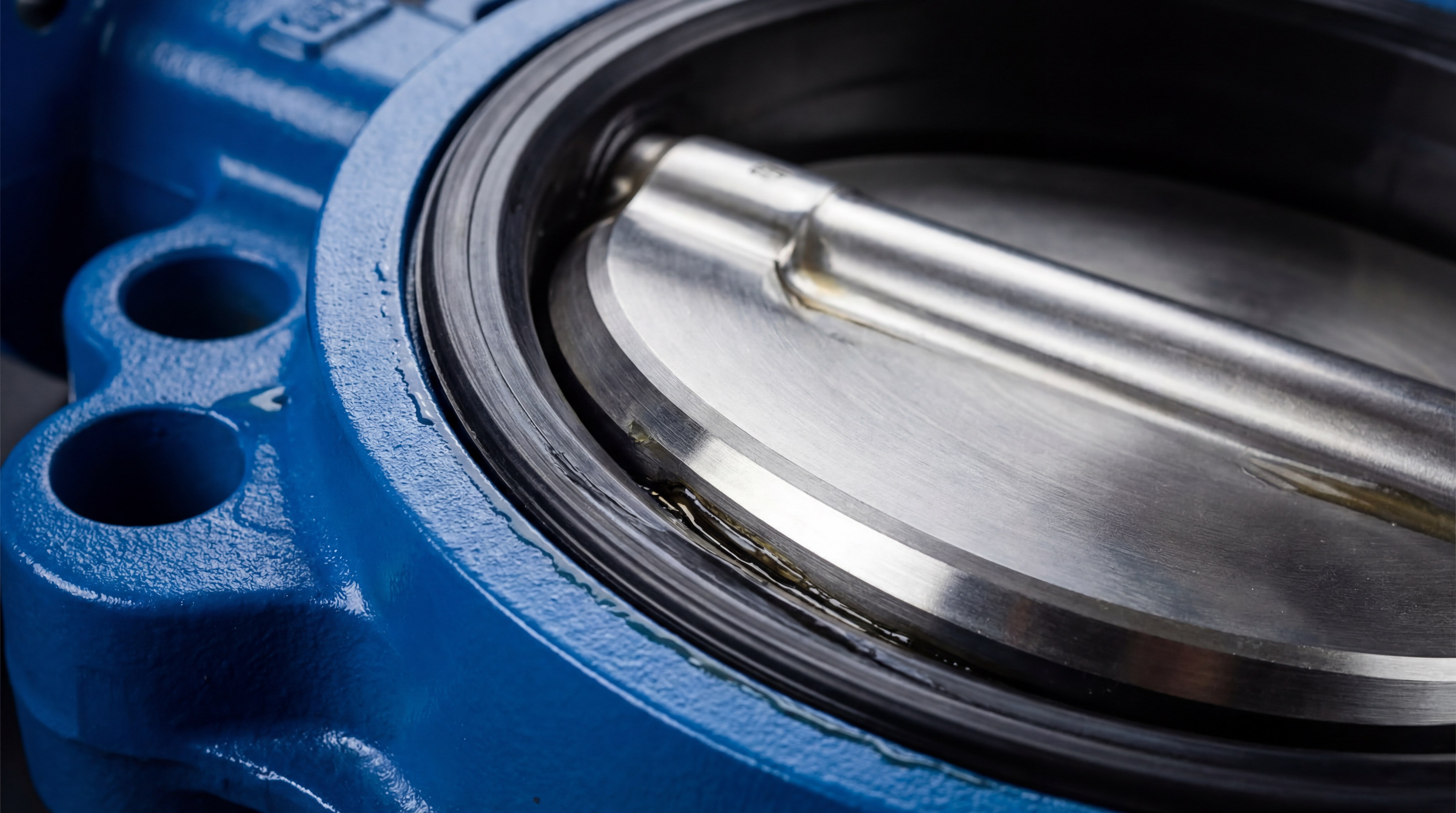 close-up of industrial butterfly valve body showing directional arrow