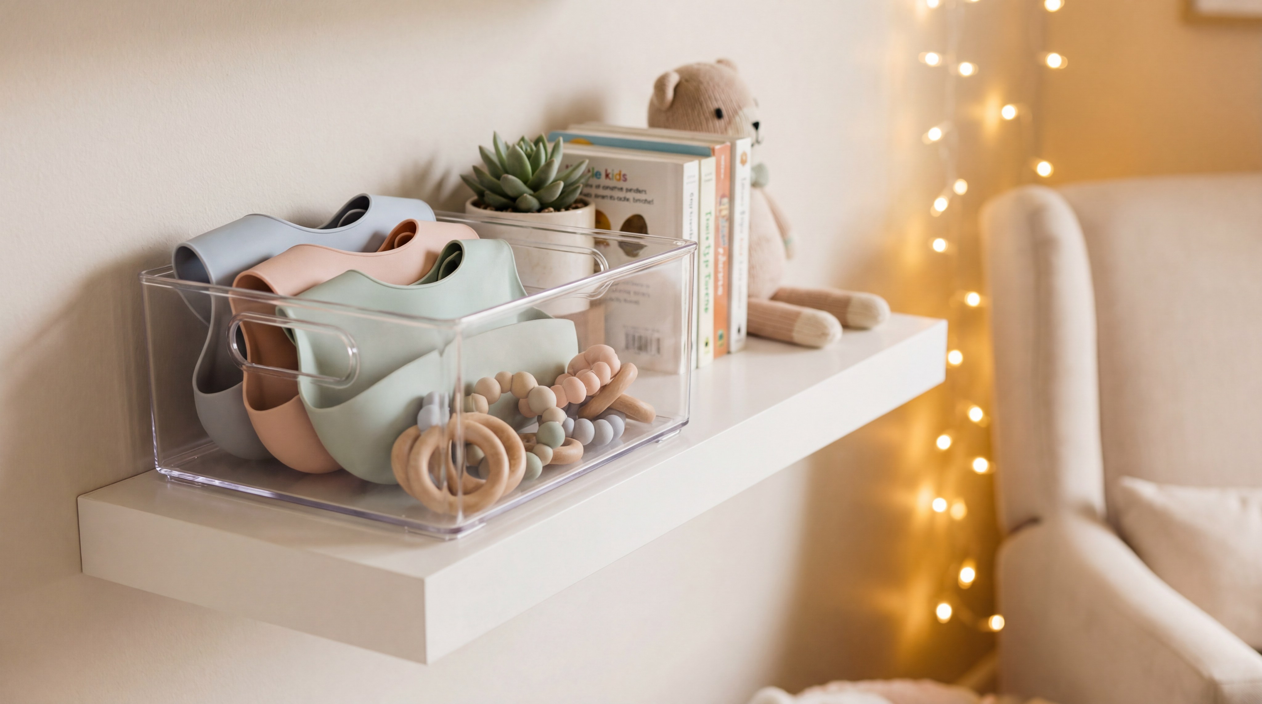 Alt Text: Nursery shelf with sterilized silicone bibs and toys in a clear container