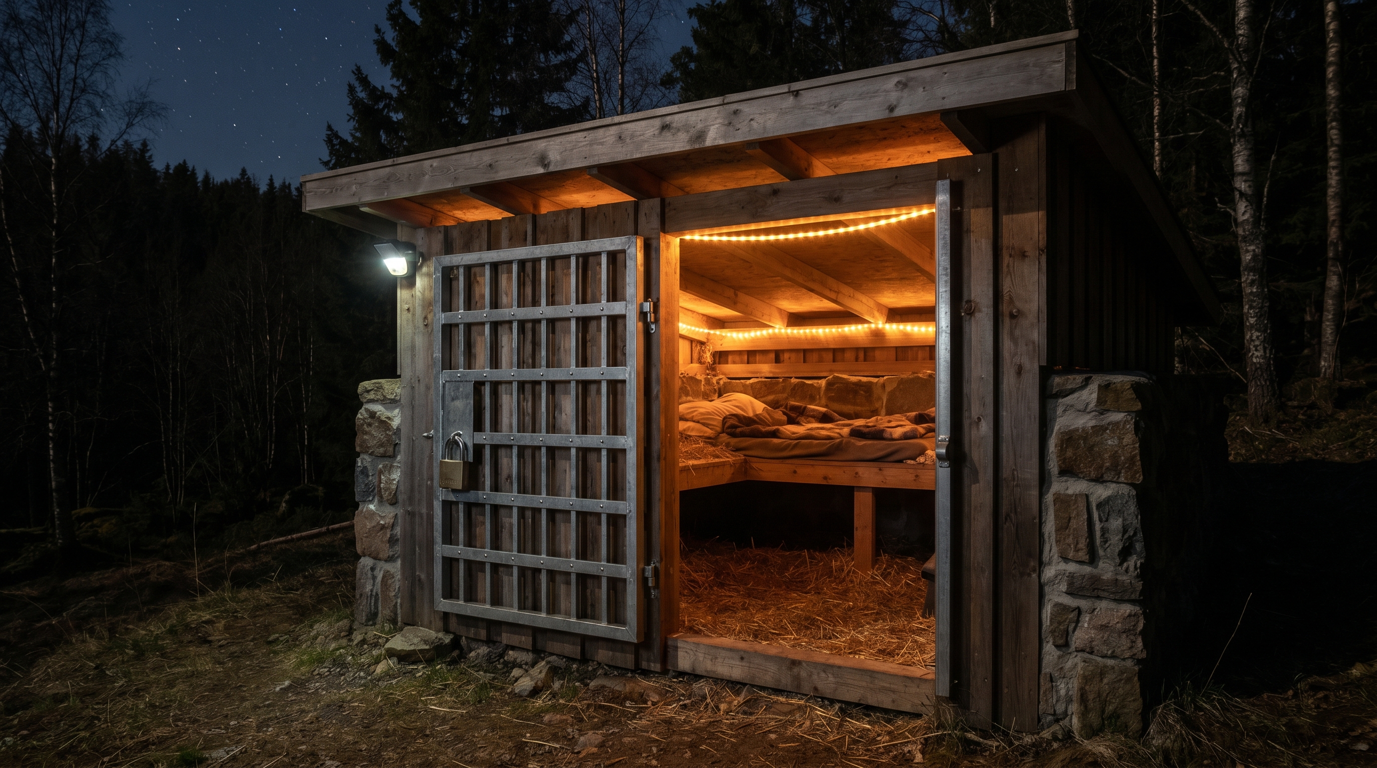 "Small wooden shelter at night with open door showing straw bedding inside, illuminated by warm interior lights."