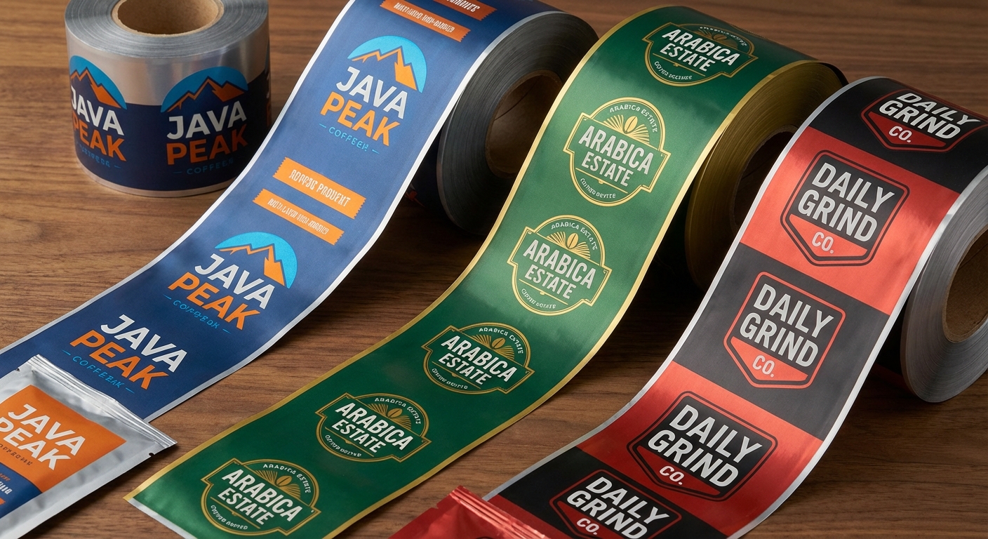 A display of various high barrier packaging film rolls with different metallic finishes