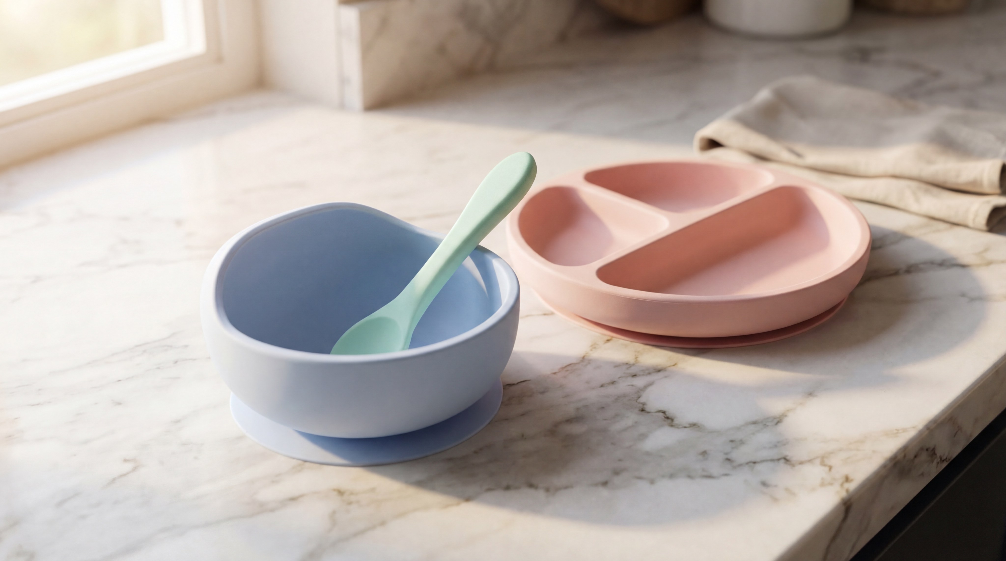 A high-end, close-up product shot of a pastel-colored food-grade silicone baby feeding set