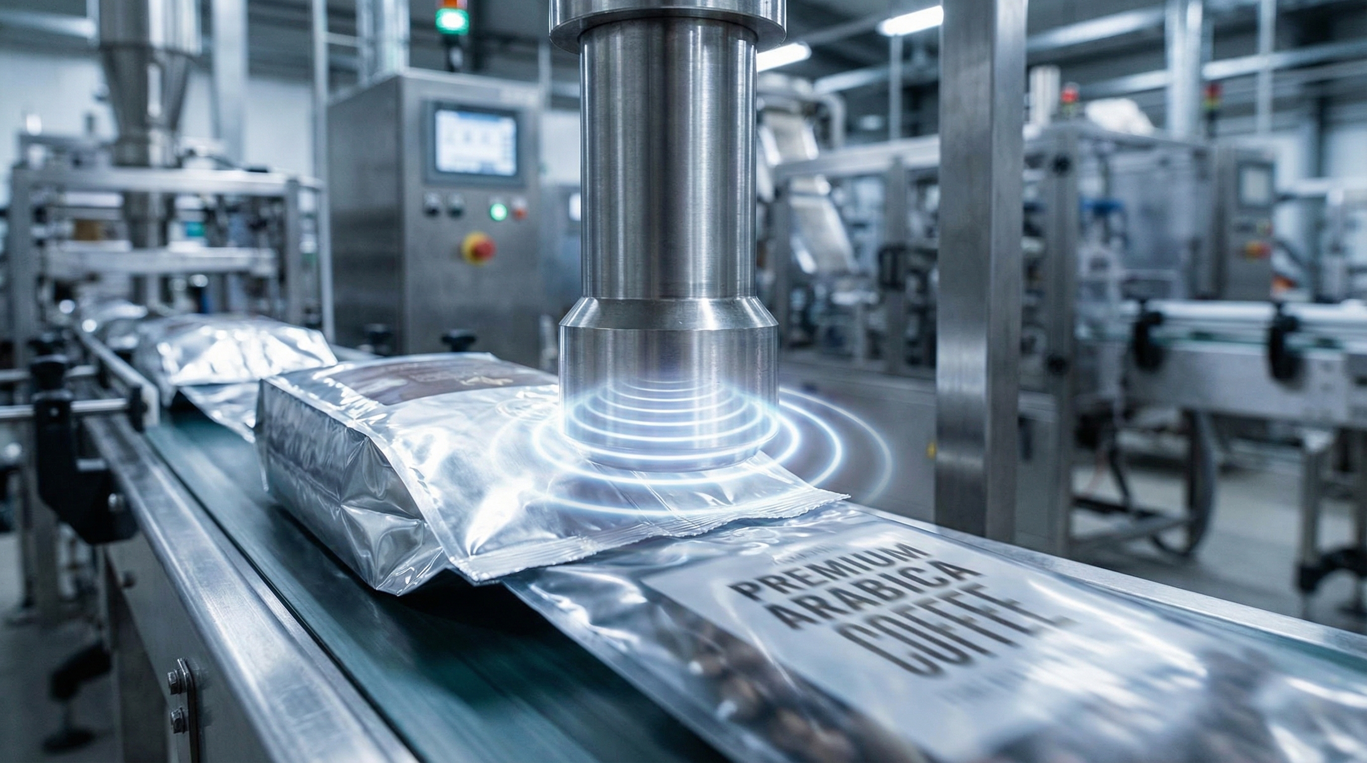 Ultrasonic sealing horn removing coffee dust for <1% residual oxygen