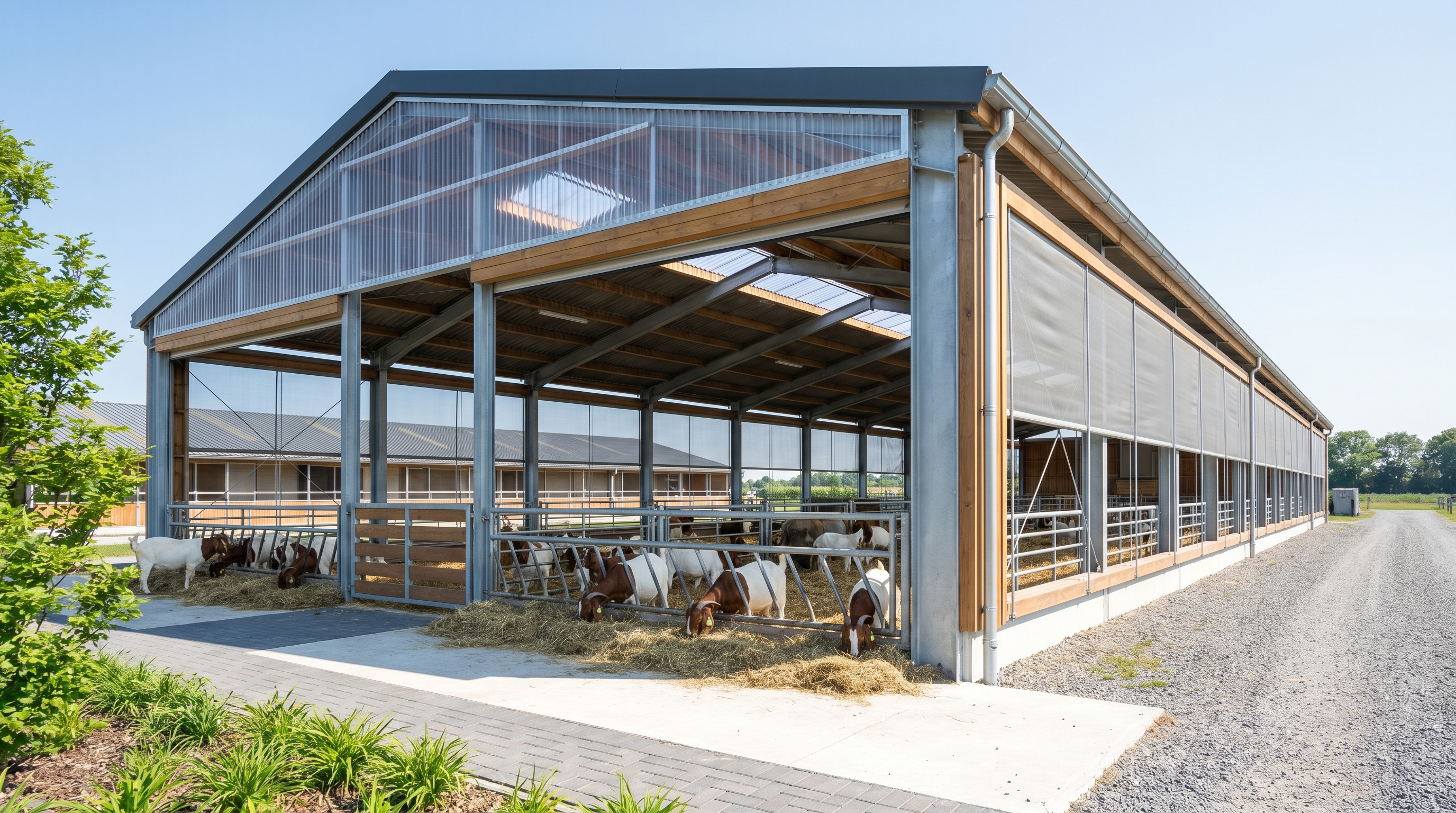 "Modern steel and wood barn with open sides, goats feeding inside, paved path and green plants outside."
