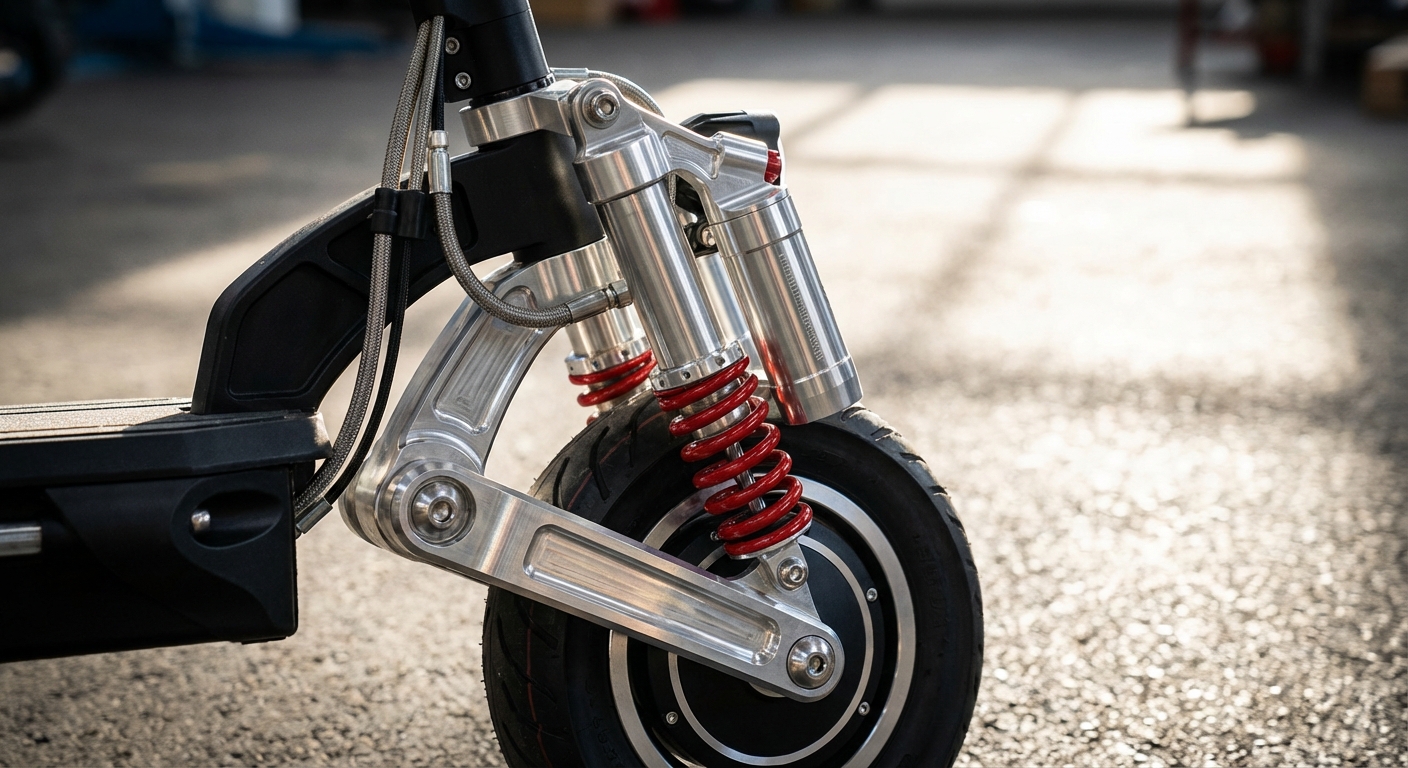 Detailed closeup of a hydraulic front suspension system on a scooter.