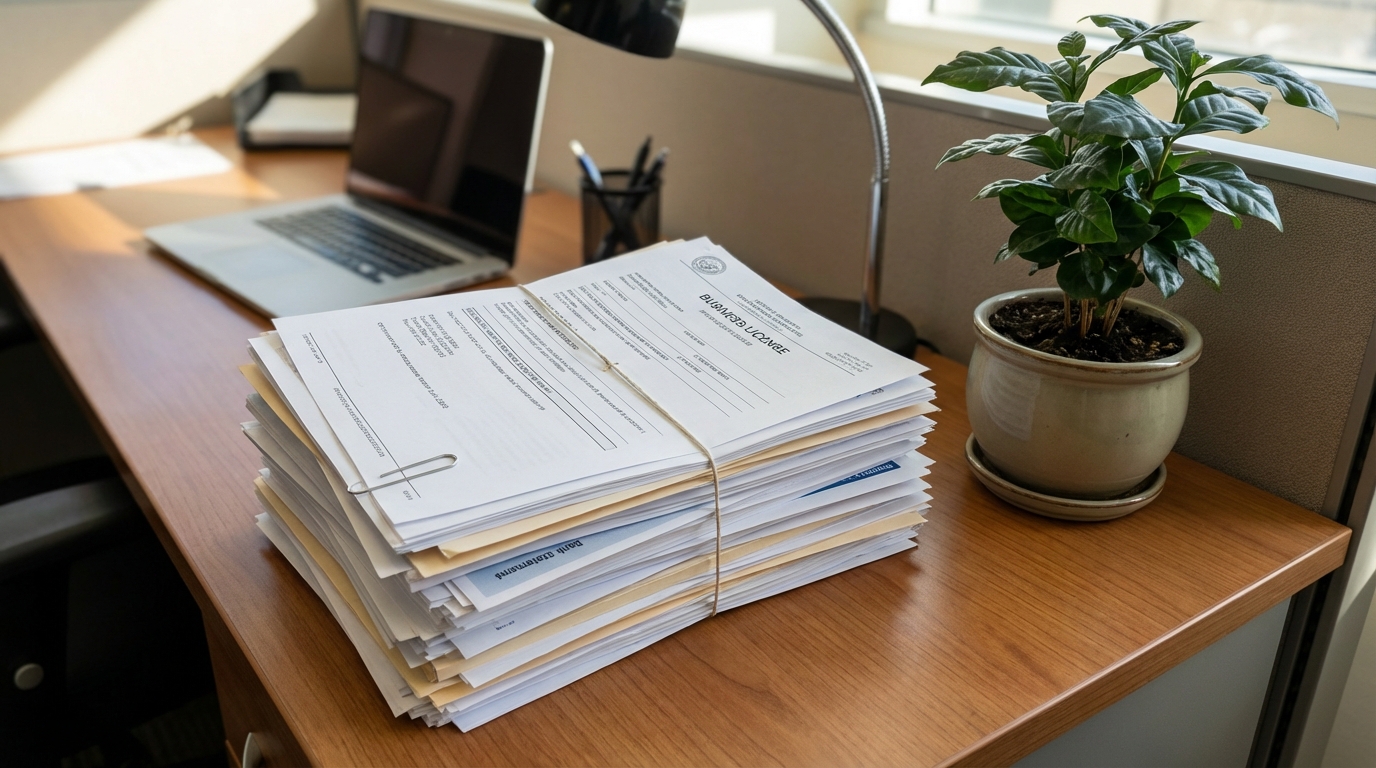 Organized business documents desk setup