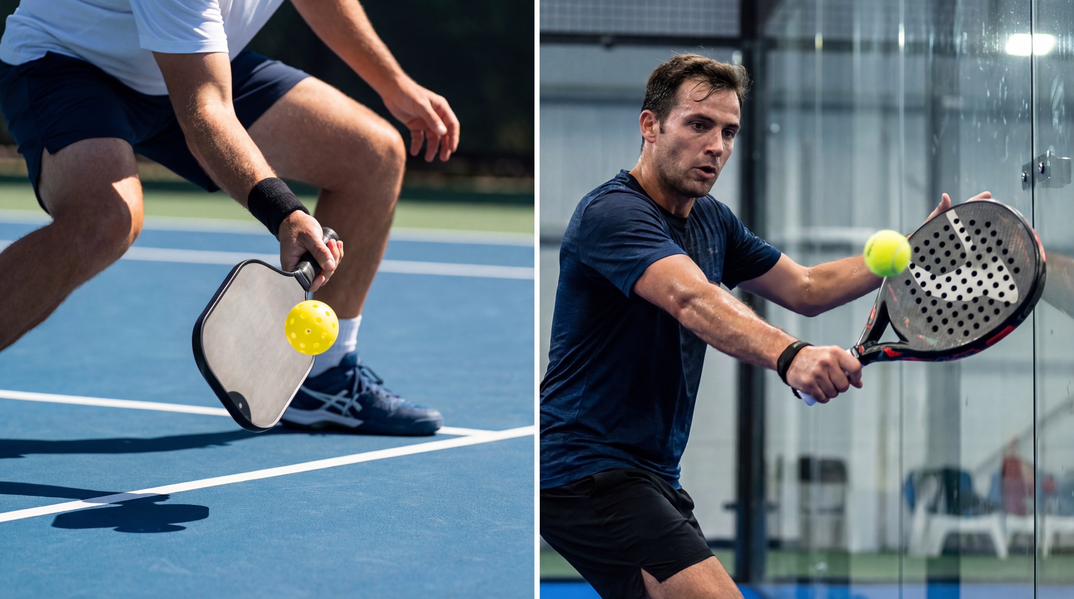 Action shot comparing a pickleball dink and a padel wall rebound
