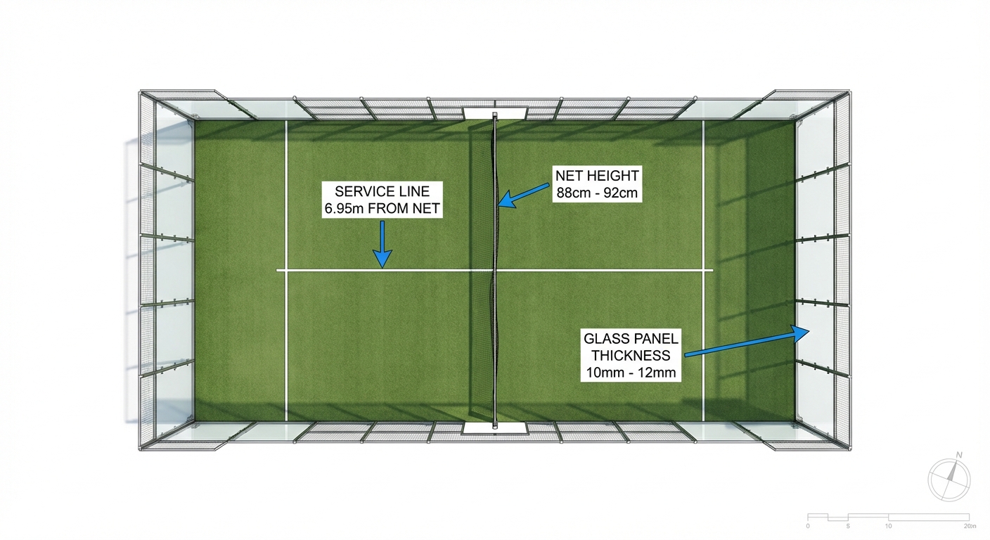 Padel court technical diagram with measurements