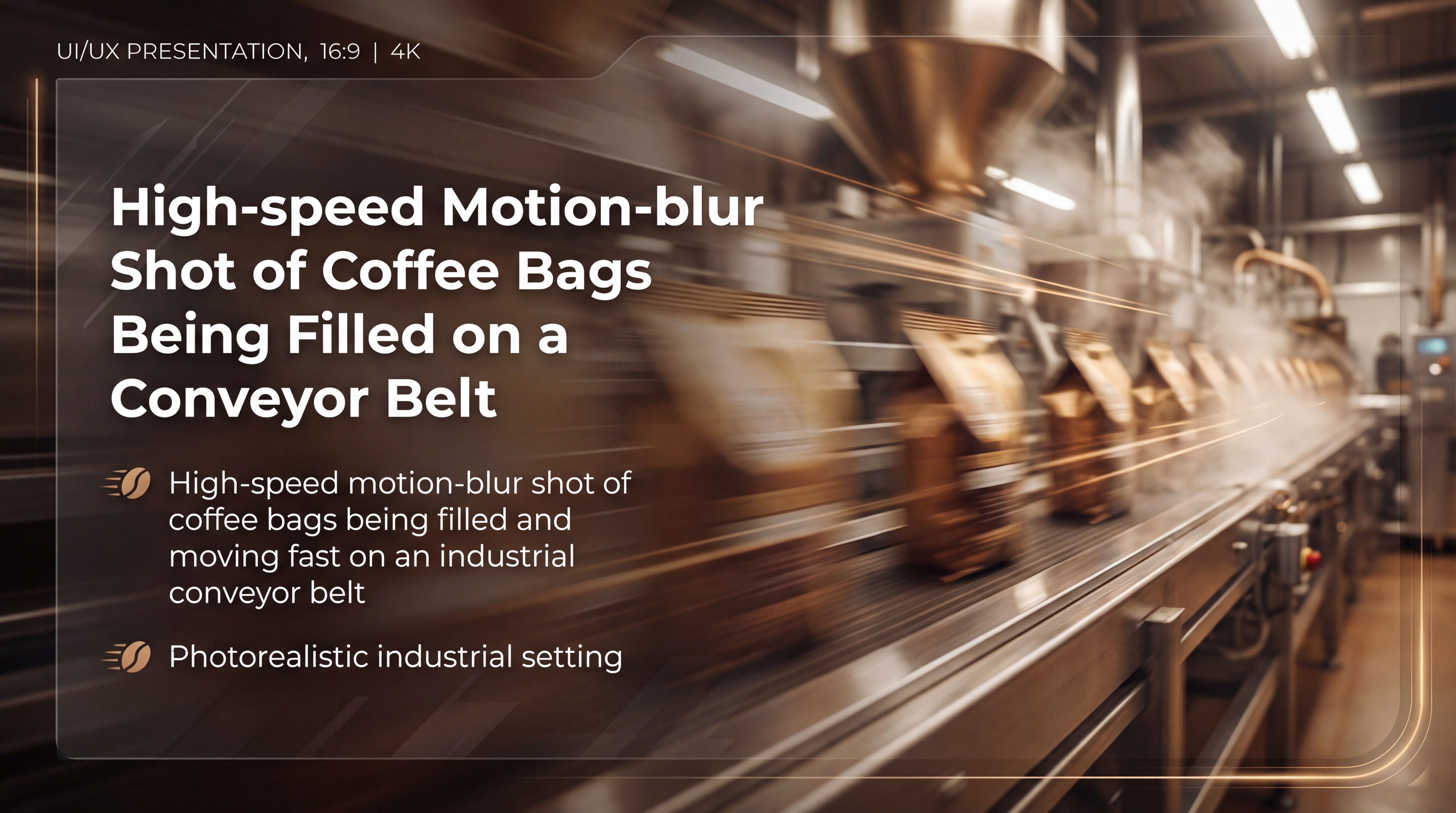 High-speed motion-blur shot of coffee bags being filled and moving fast on an industrial conveyor belt