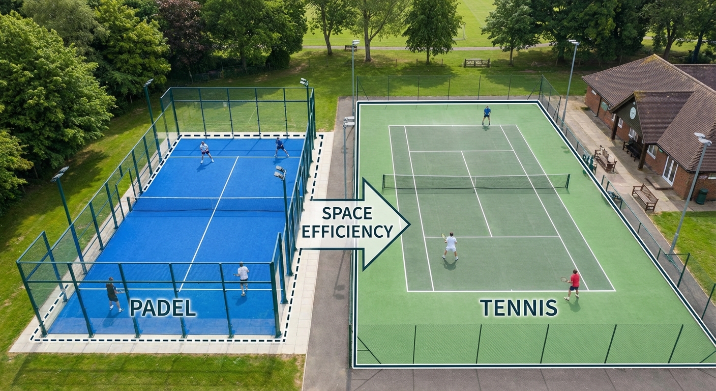 A side-by-side aerial comparison showing three padel courts fitting into the footprint of one single tennis court