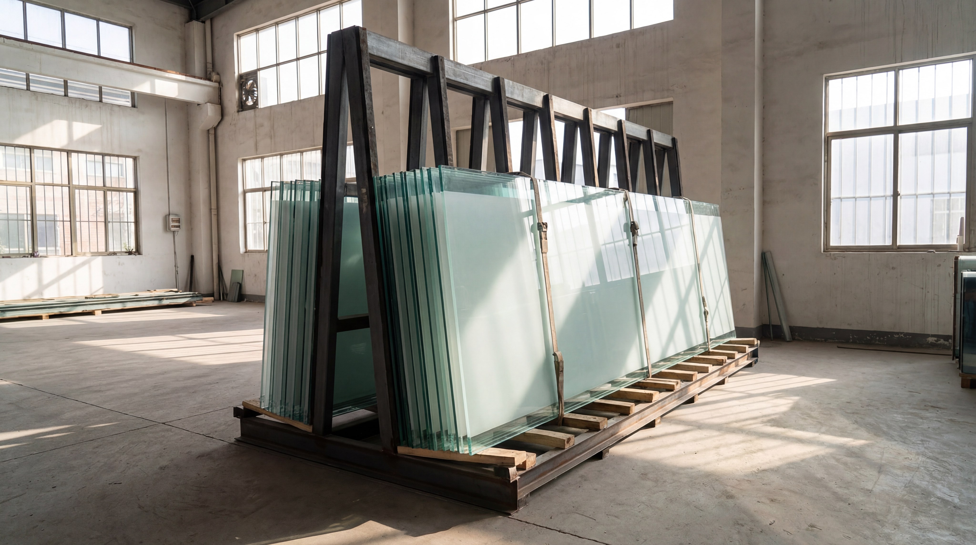 Photorealistic stack of heavy laminated glass panels with visible PVB interlayers resting on a professional A-frame transport rack in a sunny warehouse.