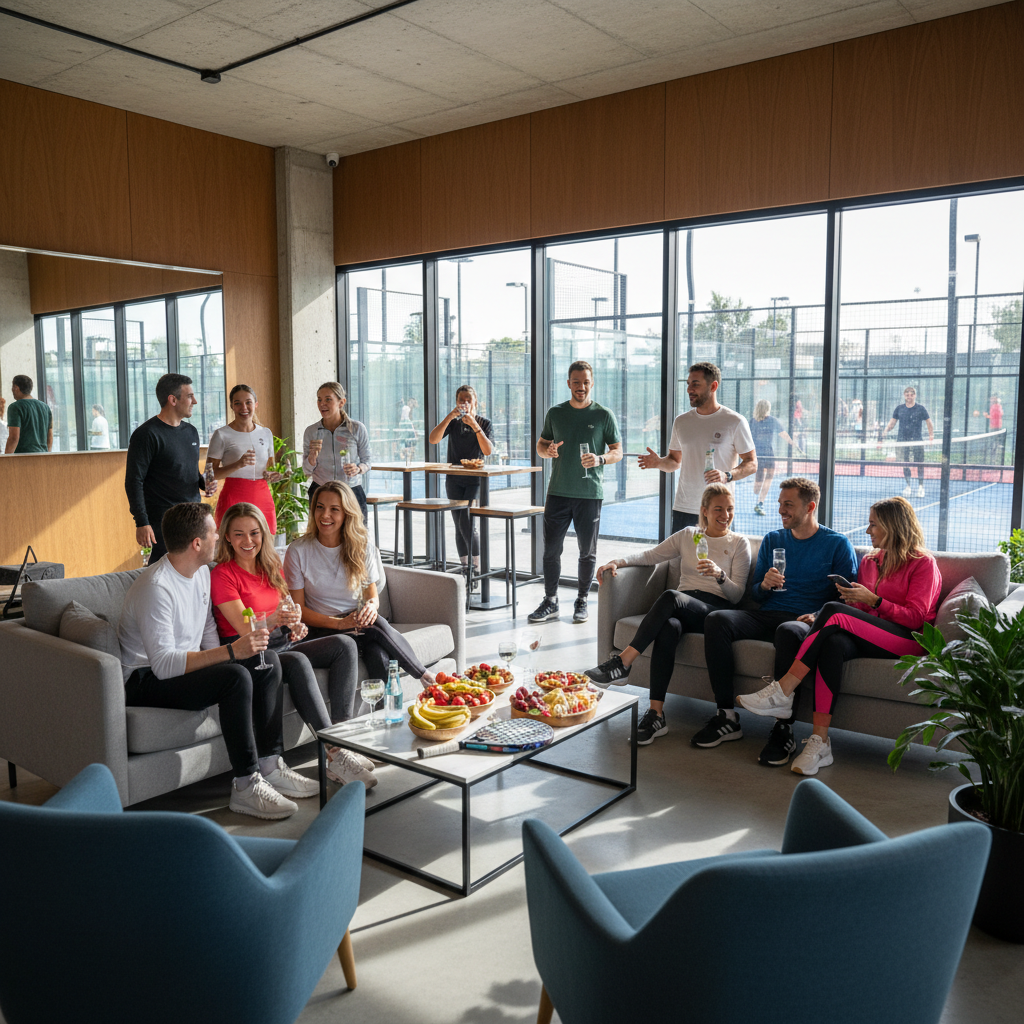 A modern padel club lounge area where players are socializing and enjoying drinks with a view of the courts through large windows.