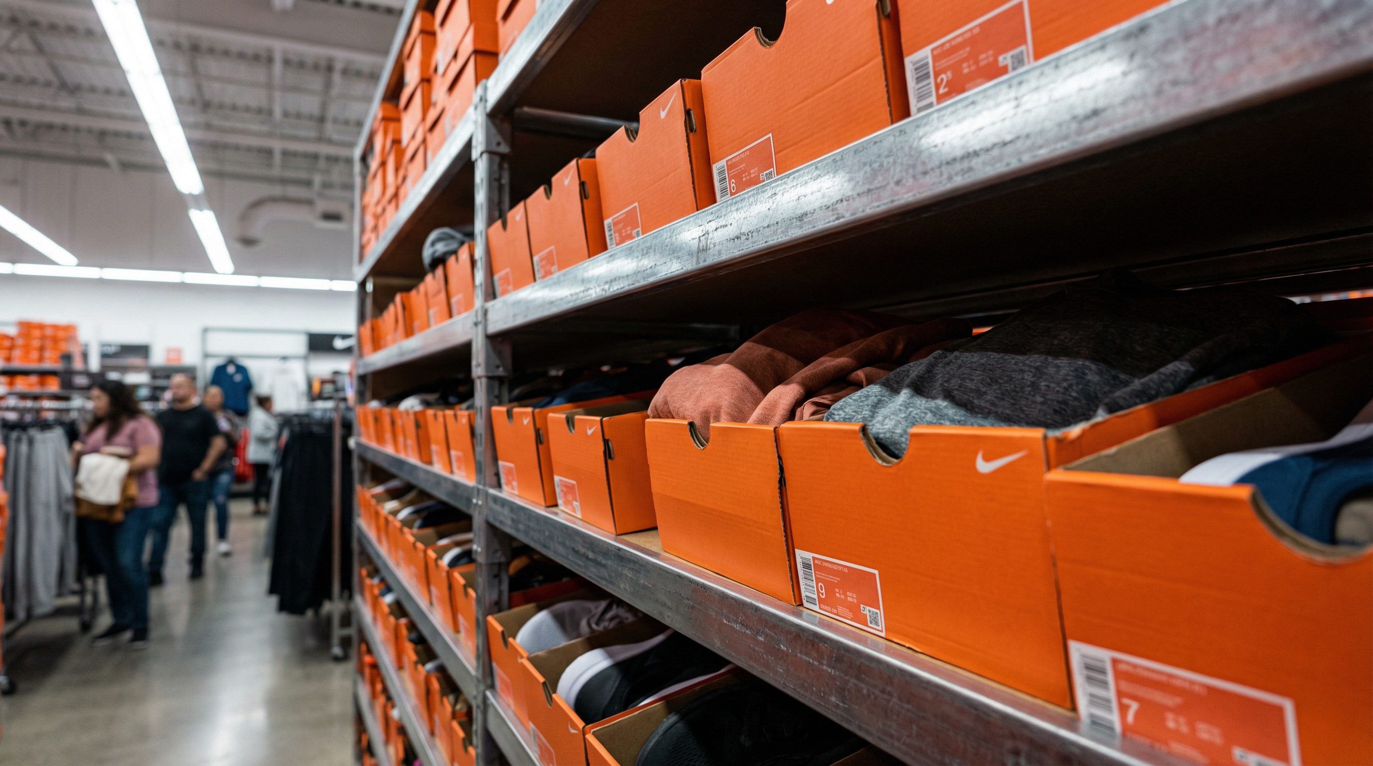Rows of orange sneaker boxes on metal shelving at a Nike Factory Store outlet, showing retail arbitrage opportunities.