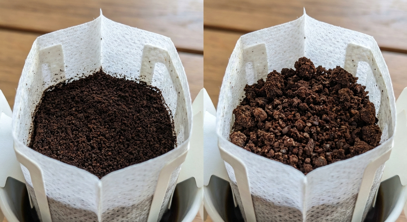 Macro view of different coffee grind sizes next to a drip bag