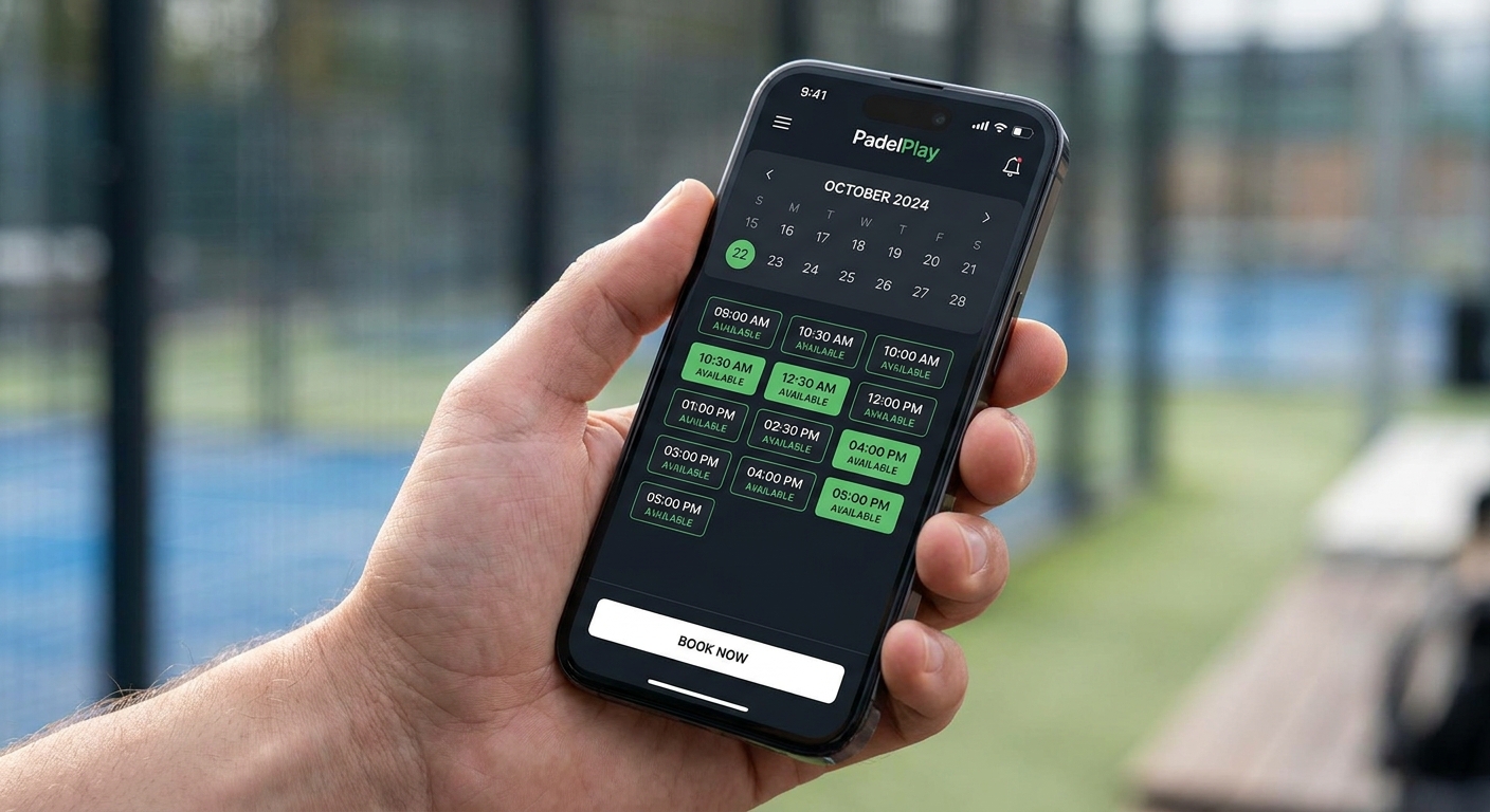 A photorealistic close-up of a hand holding a smartphone, displaying a sleek padel court booking app with a calendar and available time slots.