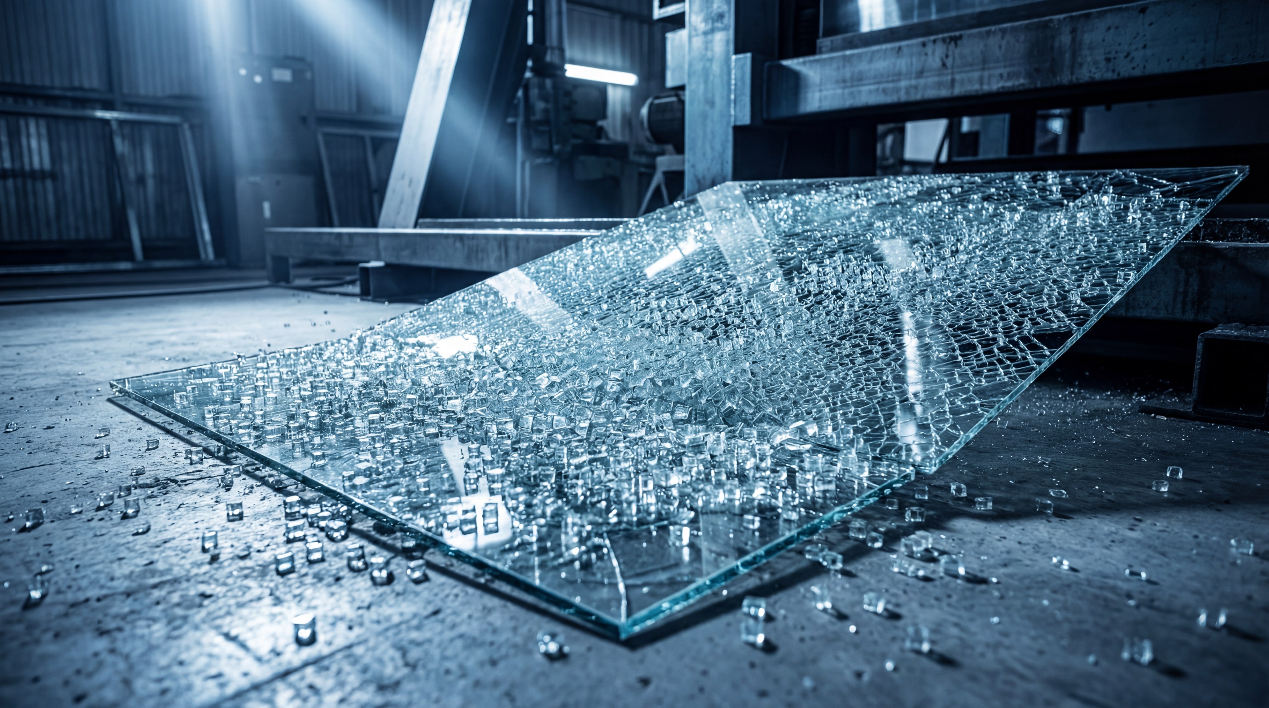 Shattered tempered glass granules on a factory floor