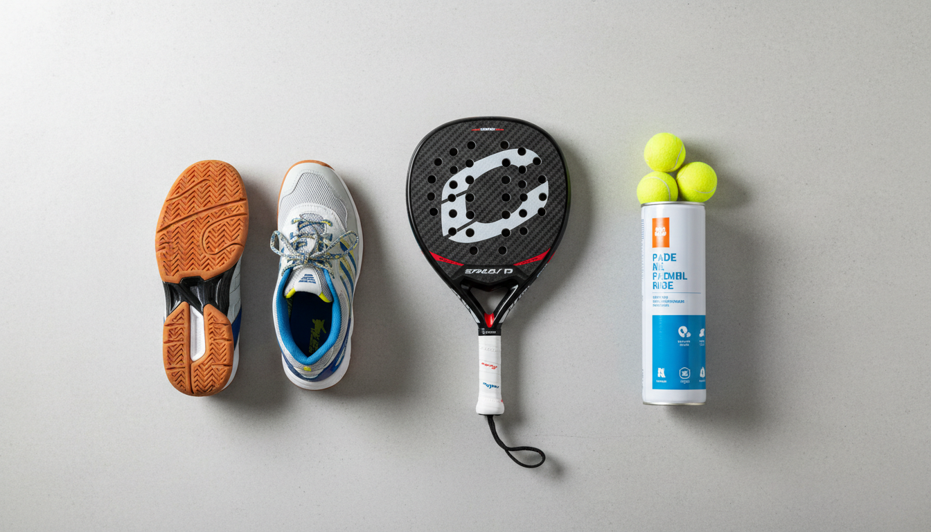 Modern padel racket, balls, and specialized shoes