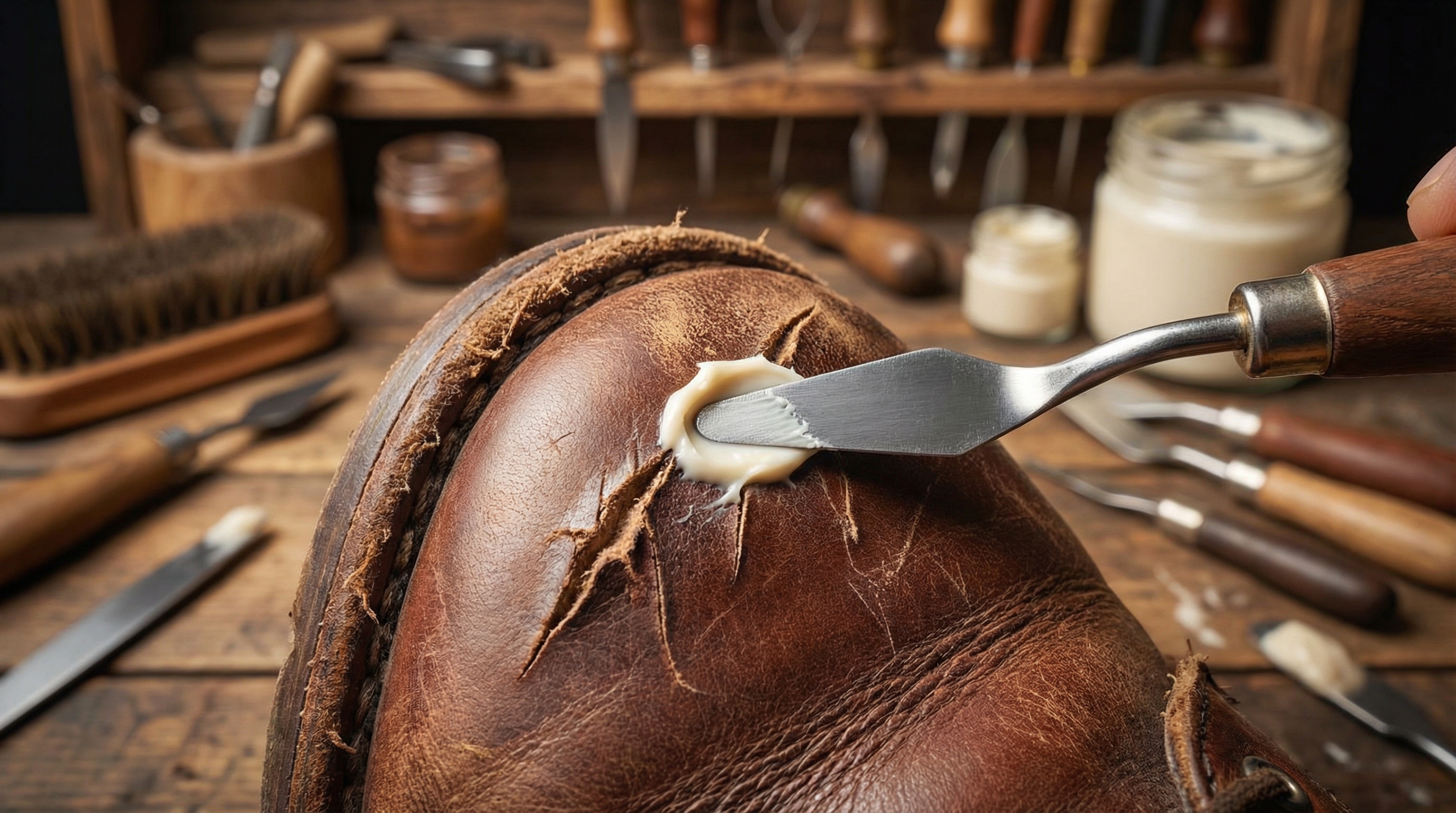 A small palette knife applying a thin layer of specialized cream-colored leather filler into a deep scratch on a shoe A small palette knife applying a thin layer of specialized cream-colored leather filler into a deep scratch on a shoe