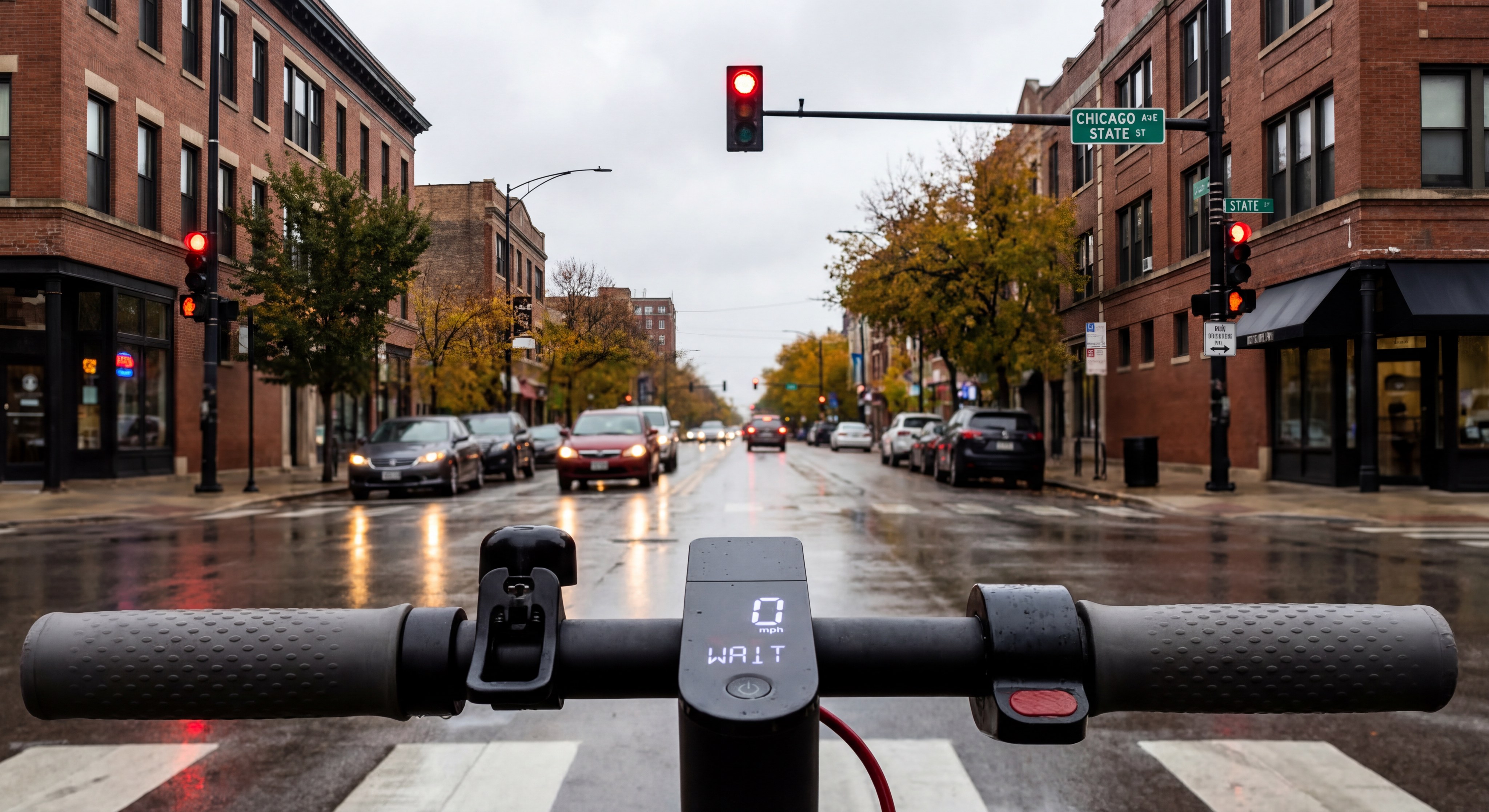Electric scooter cockpit view at a red light in Illinois city