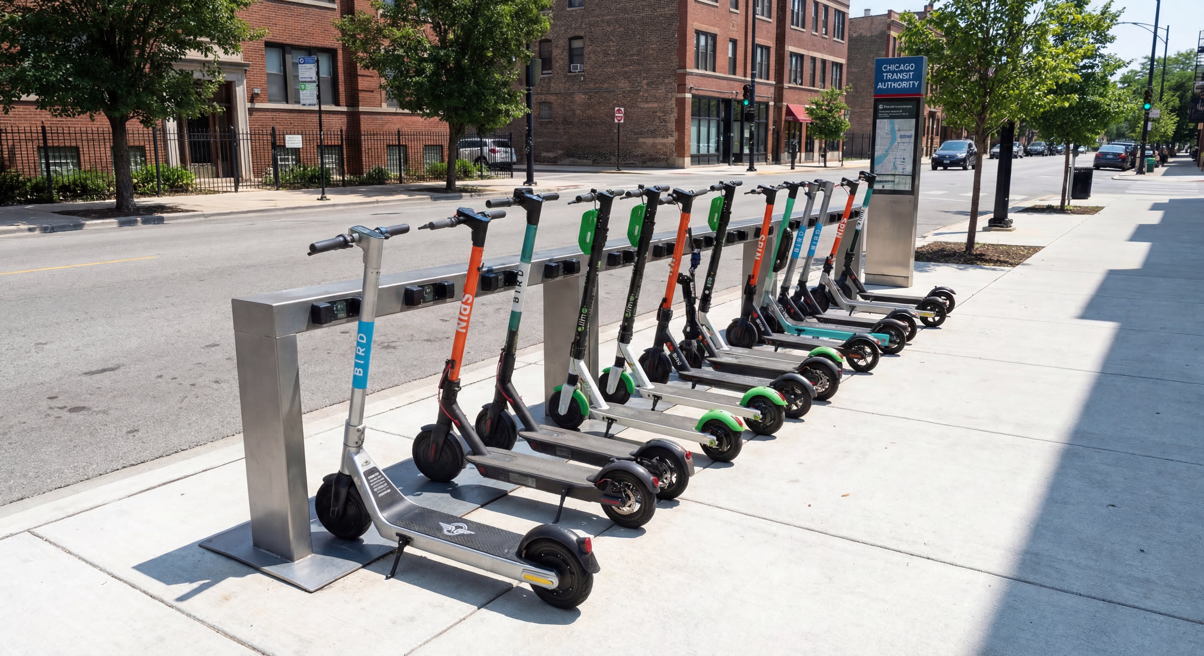 Row of electric scooters at a micromobility docking rack