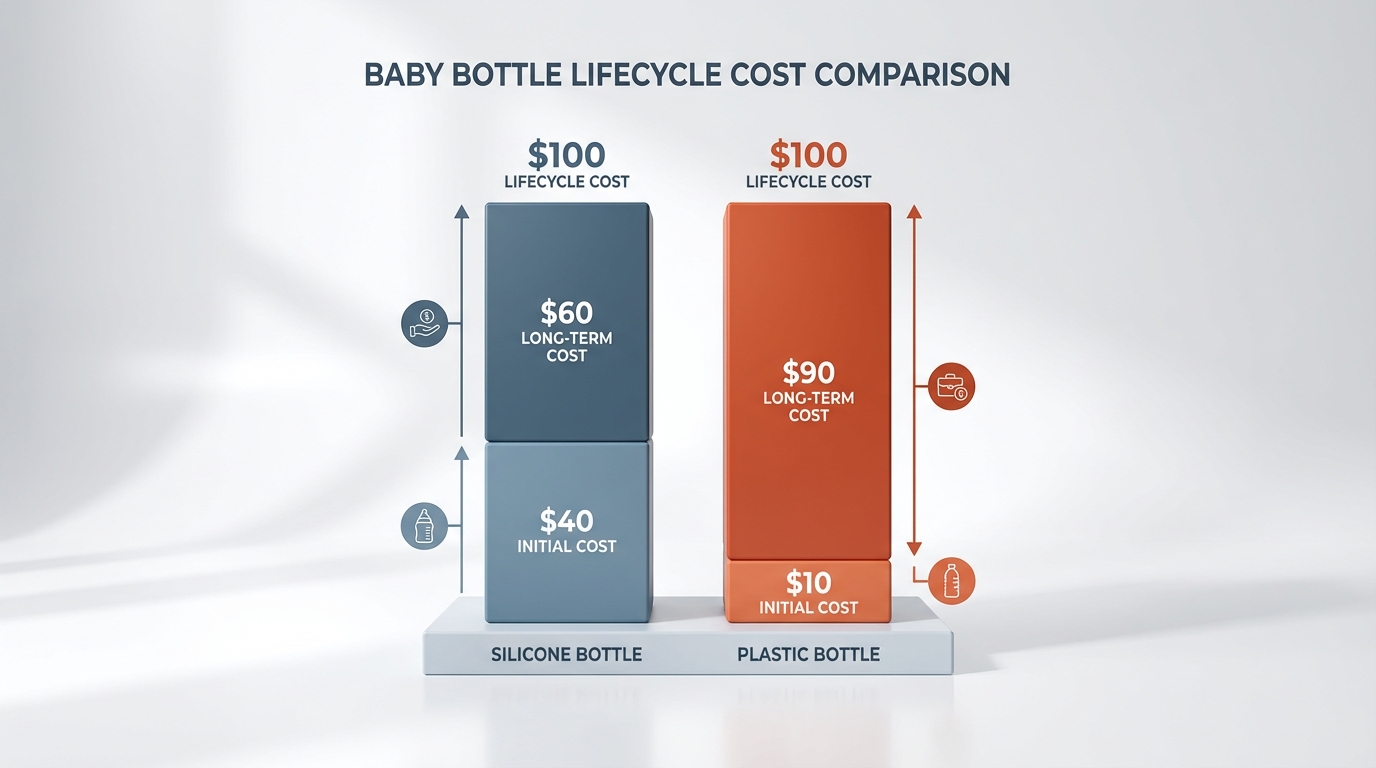 Photorealistic 16:9 image of lifecycle cost comparison silicone plastic bottles.