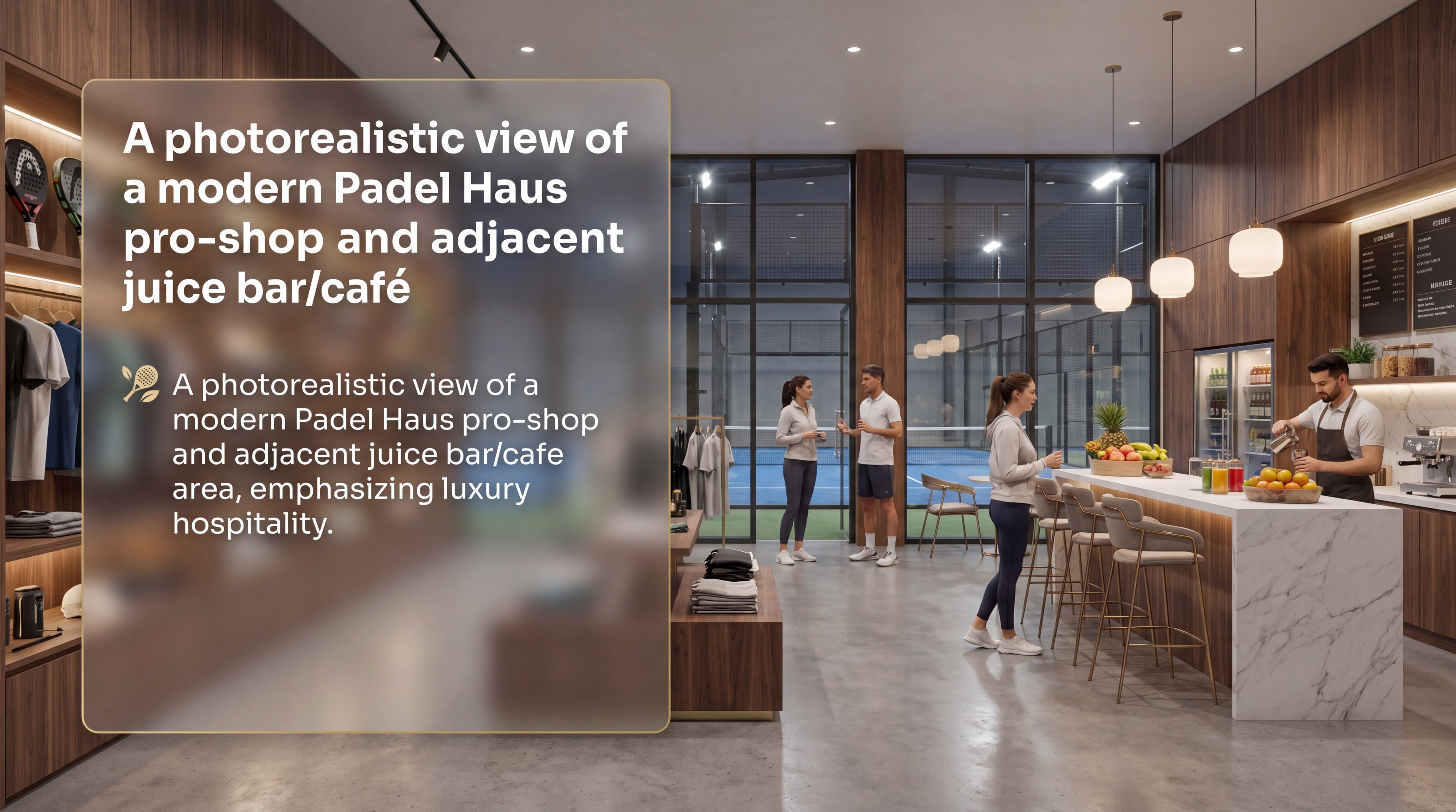 A photorealistic view of a modern Padel Haus pro-shop and adjacent juice bar/café