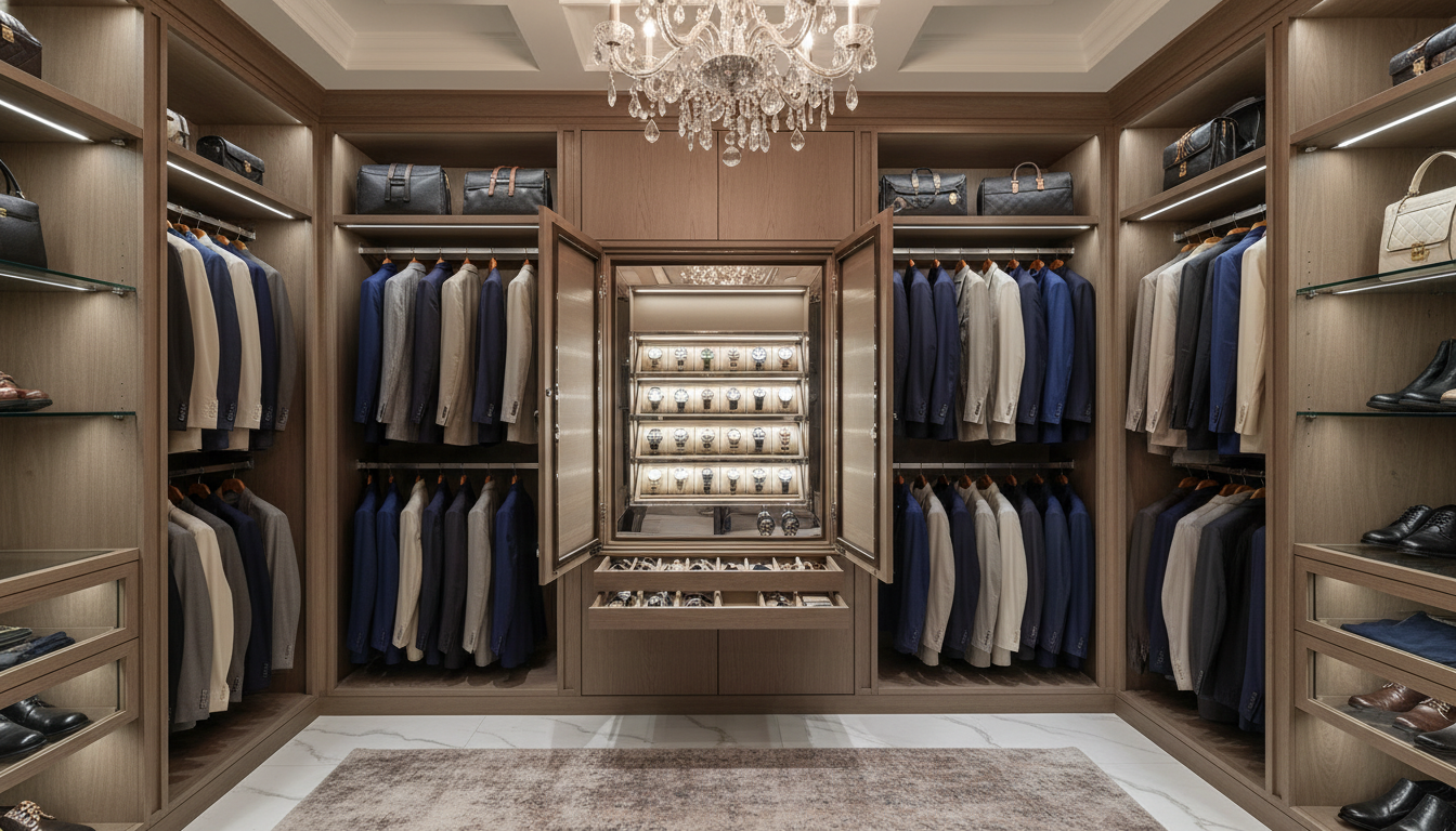 A luxury walk-in closet with a built-in watch winder safe