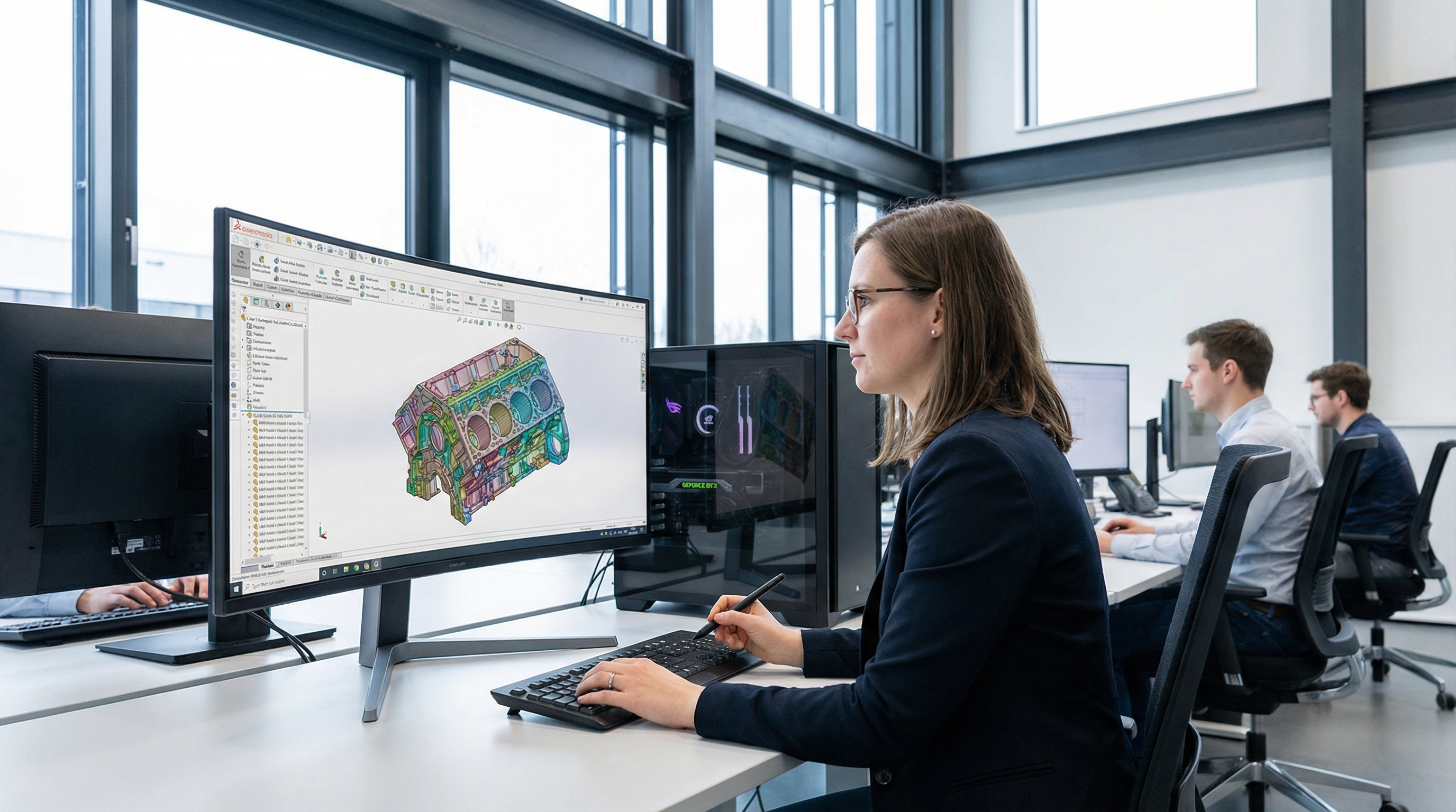 An Asian engineer using a computer to design a 3D mold for an automotive part, photorealistic style