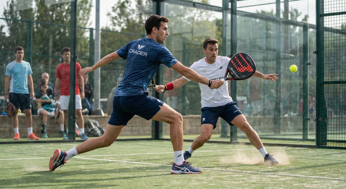 Padel players in action during a competitive match