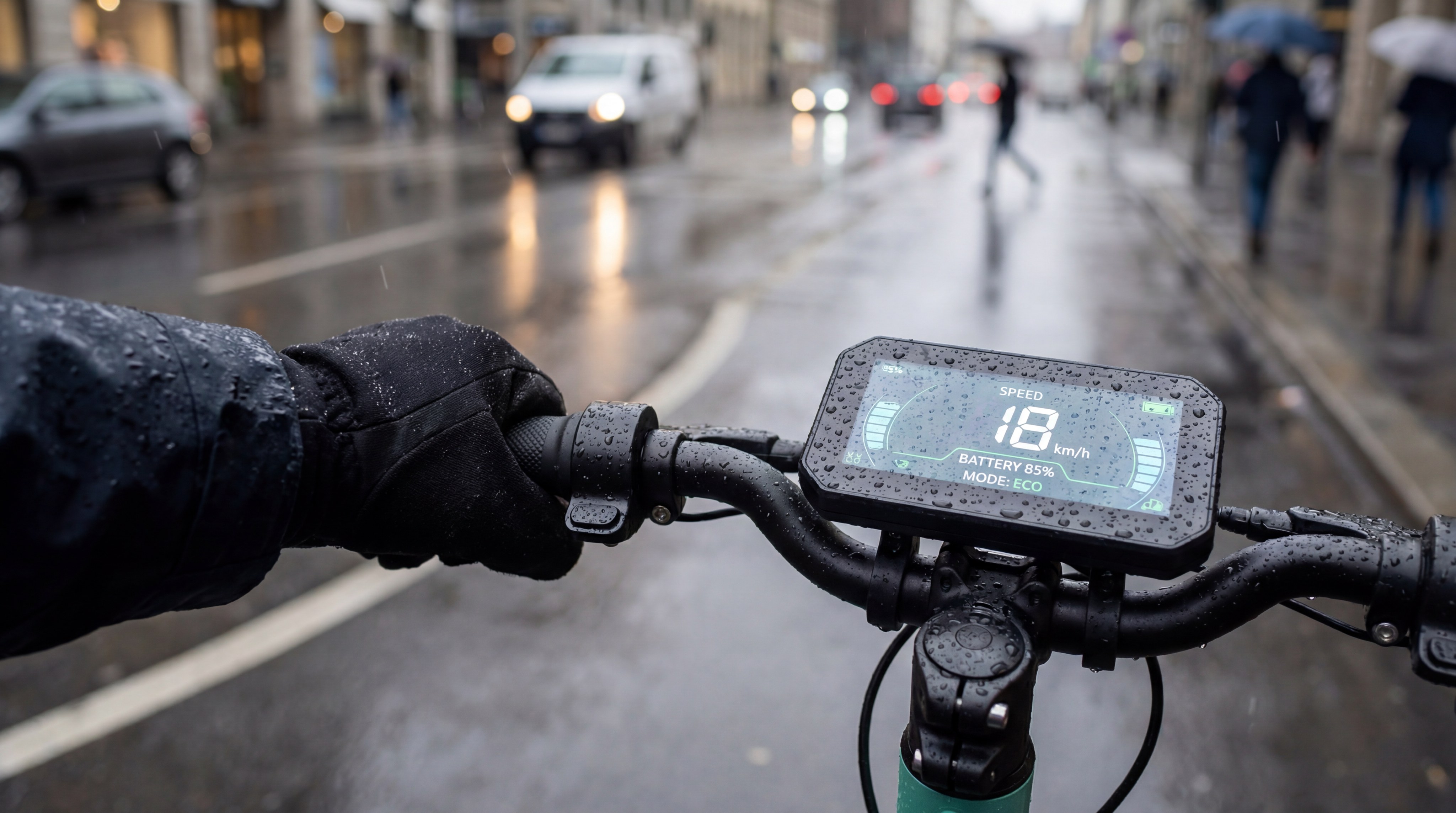 A photorealistic image of an electric scooter riding through light rain on a city street, with visible water droplets beading on the waterproof display.