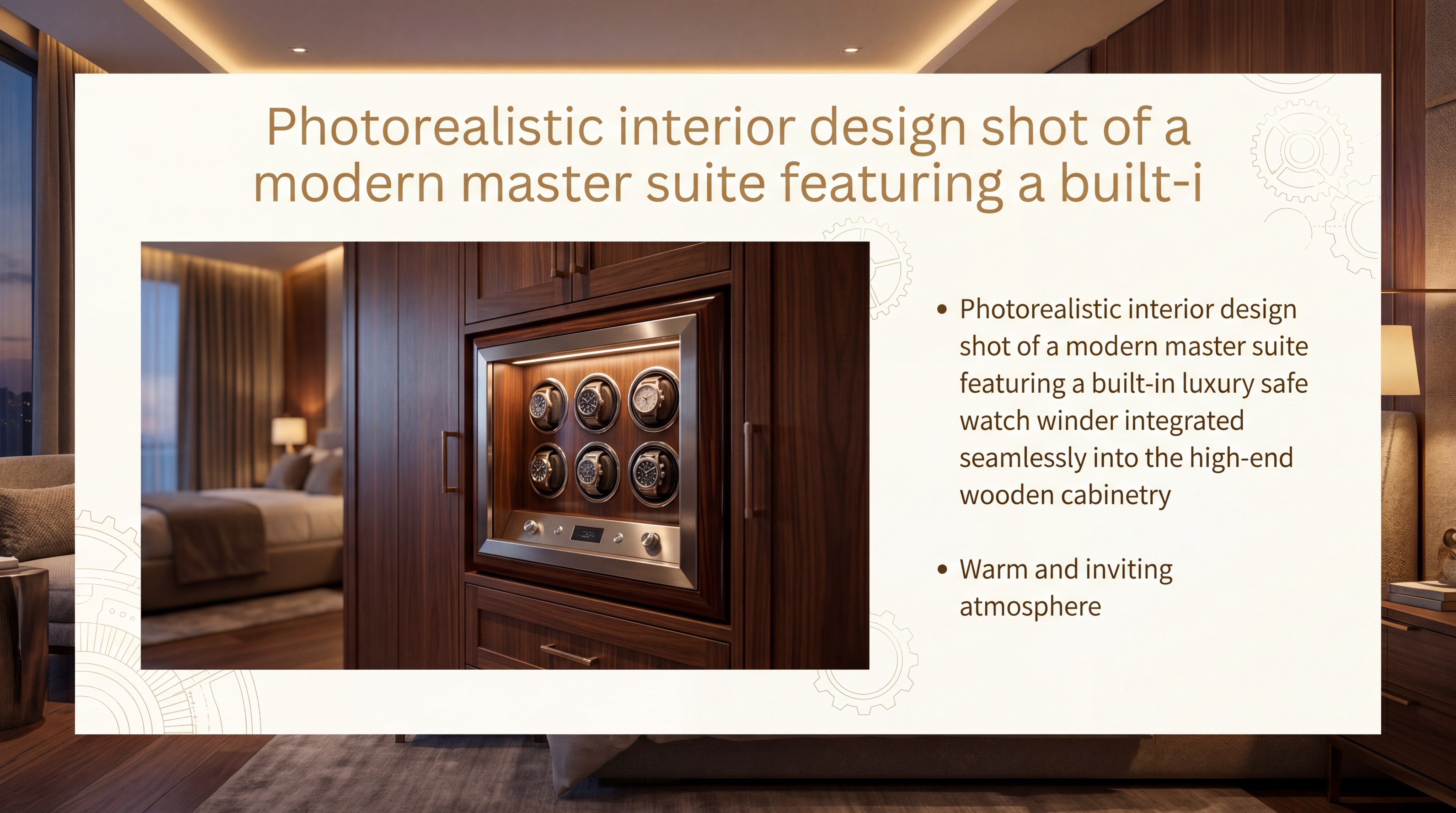 A photorealistic interior design shot of a modern master suite featuring a built-in luxury safe winder