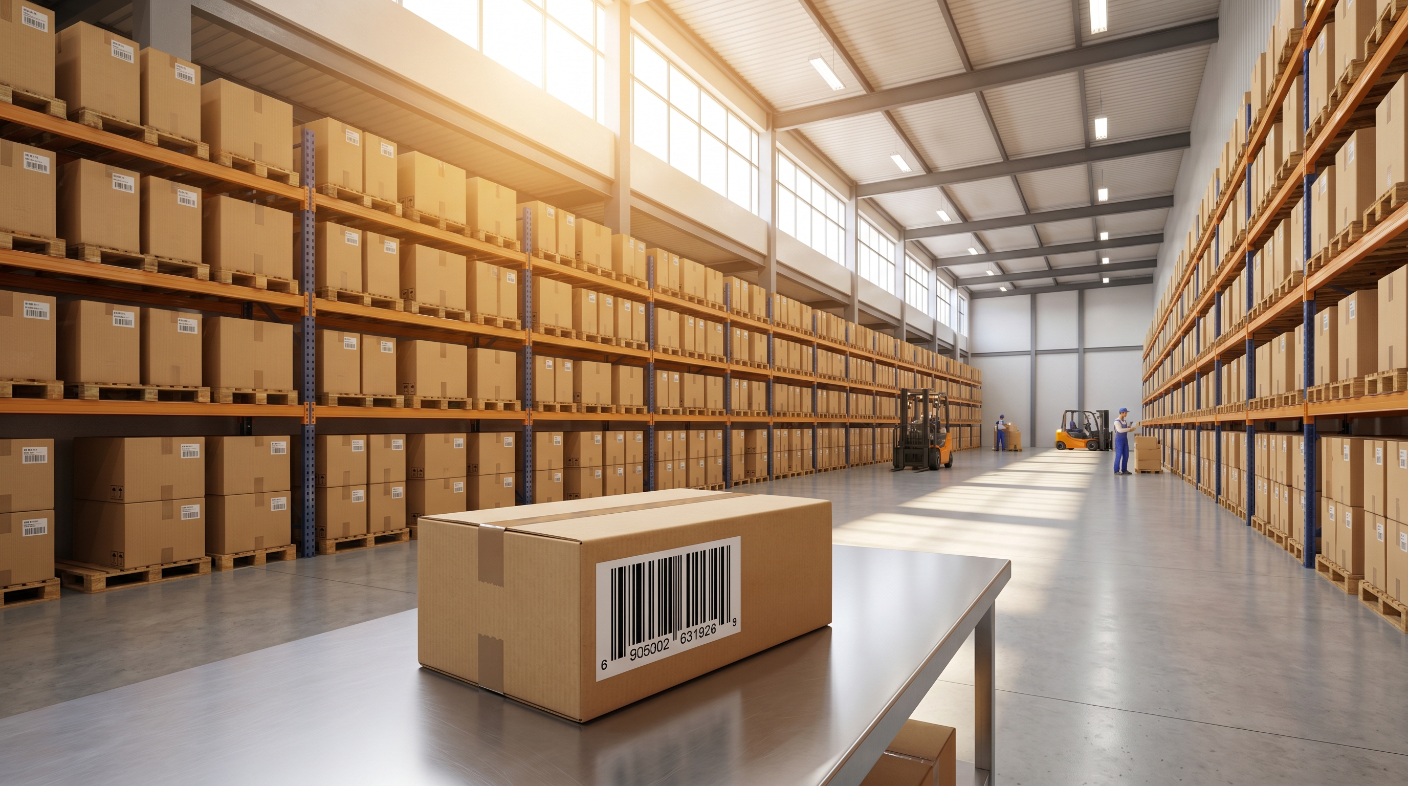 Structured logistics warehouse with labeled shipping container