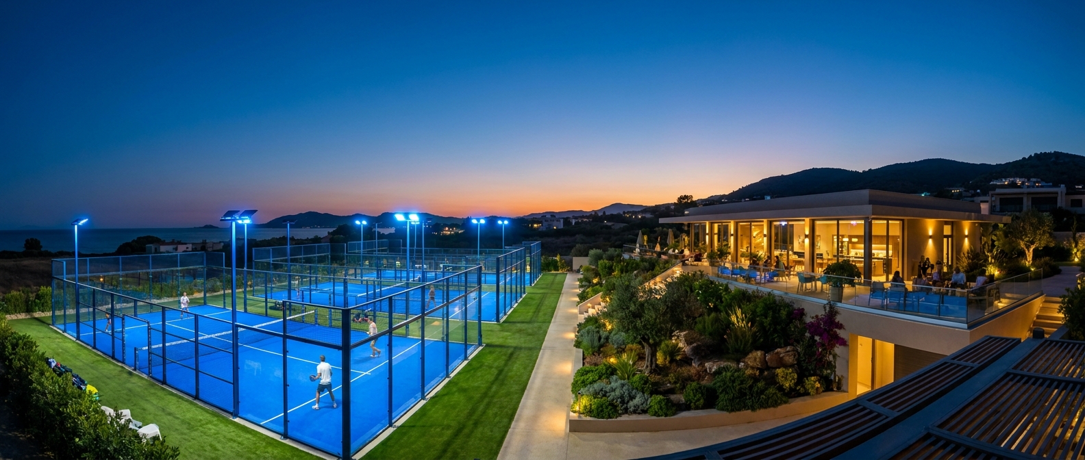 Modern padel facility at twilight
