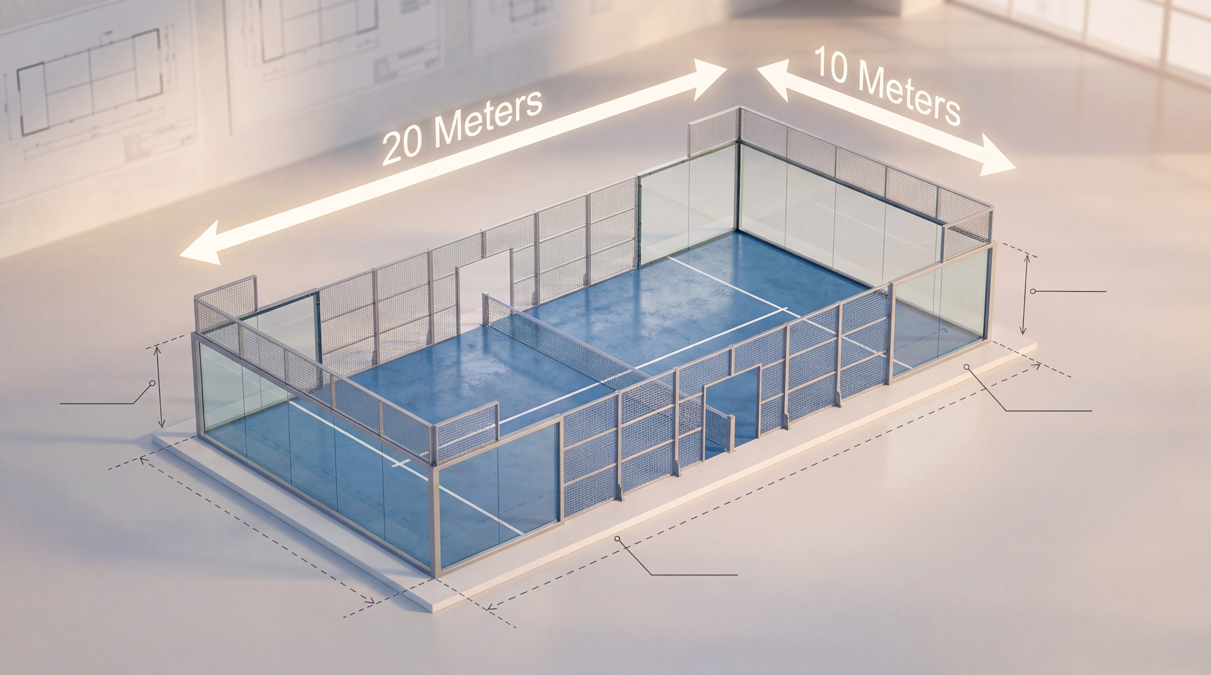 Technical infographic showing a 3D isometric view of a padel court with labels for 20 meters length and 10 meters width.