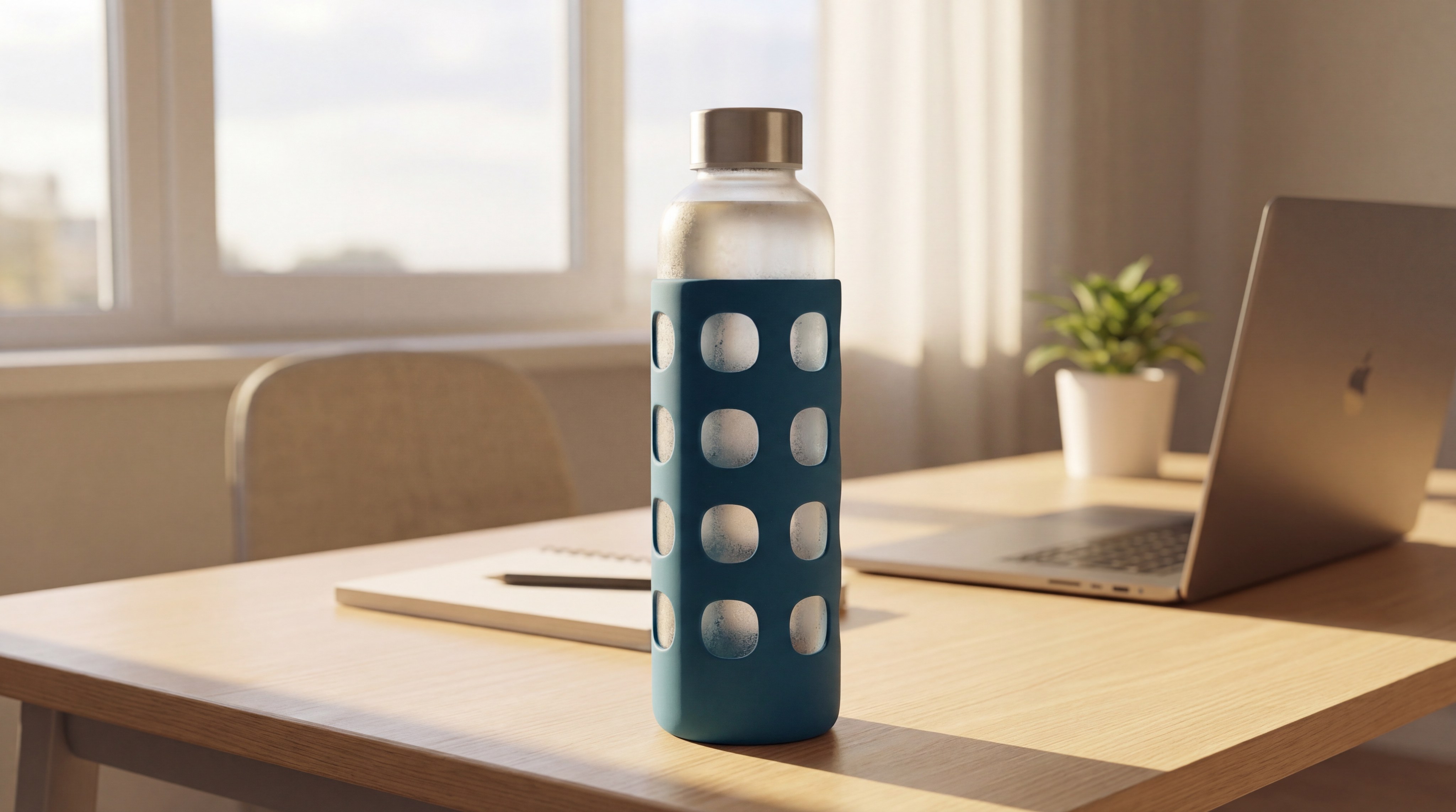 Premium silicone bottle sleeve on a desk with a laptop