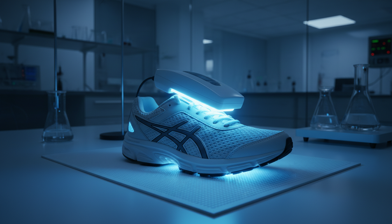A UV C shoe sanitizer device glowing blue inside a white athletic shoe
