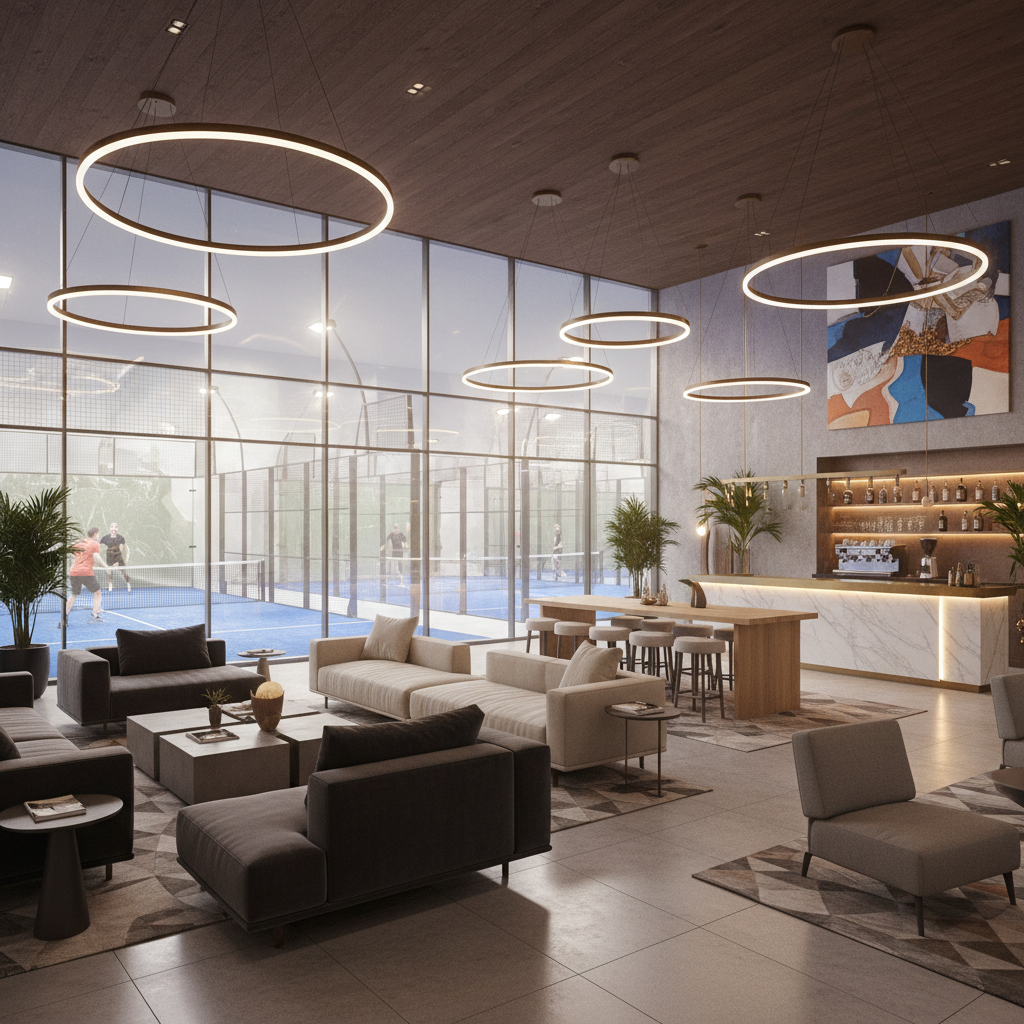 Luxury padel club lounge area with glass walls looking out onto active courts and a modern bar