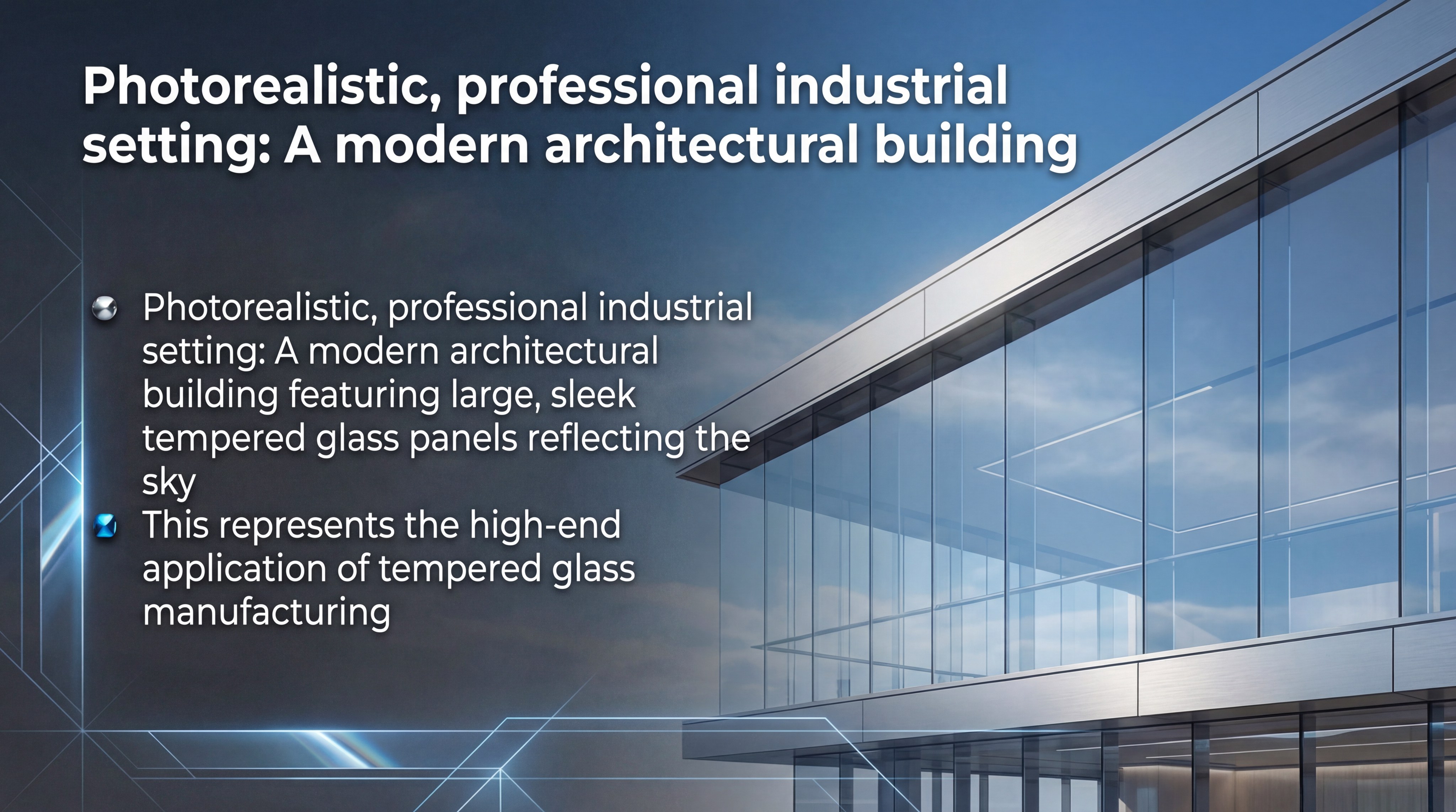 A modern architectural building featuring large, sleek tempered glass panels reflecting the sky