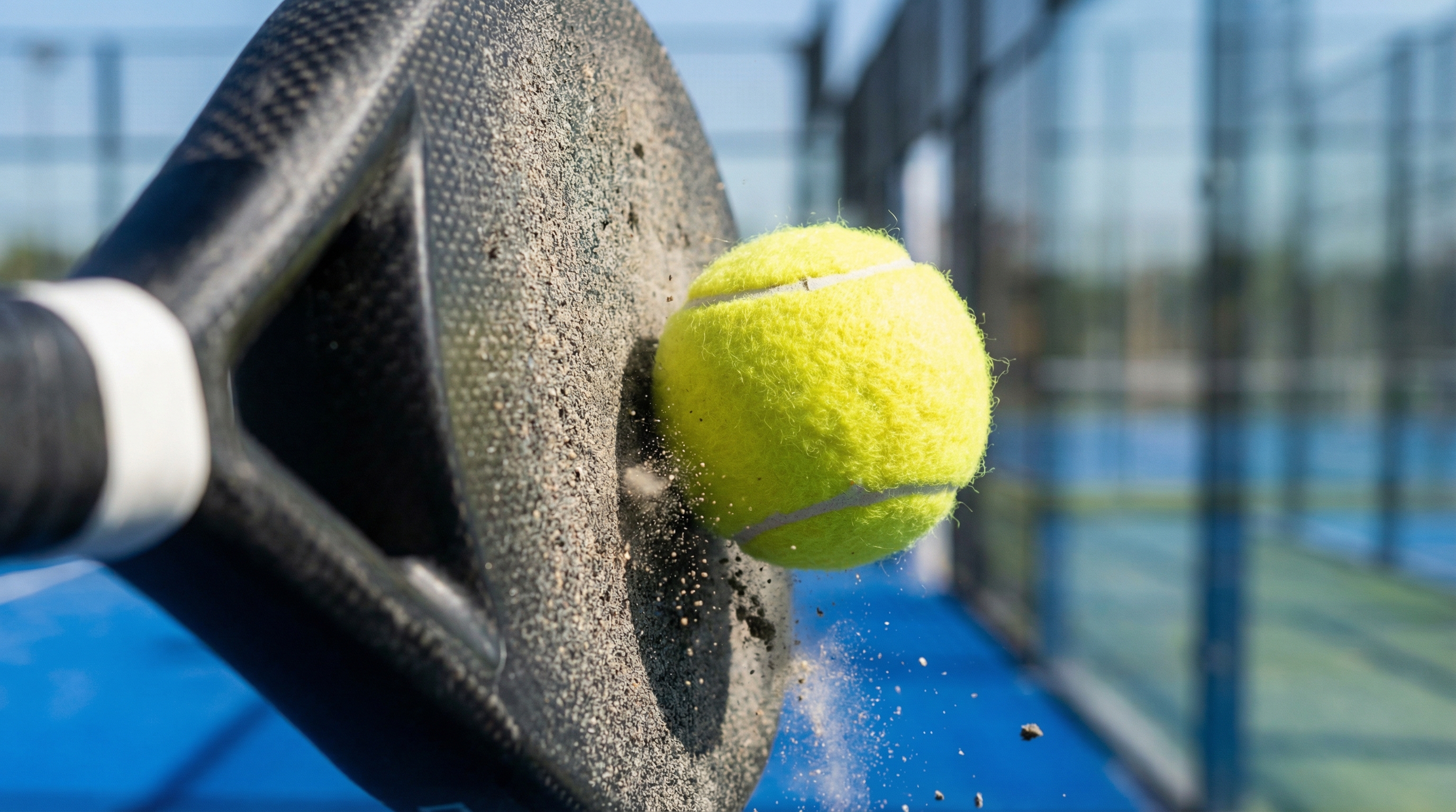 padel racket ball contact closeup