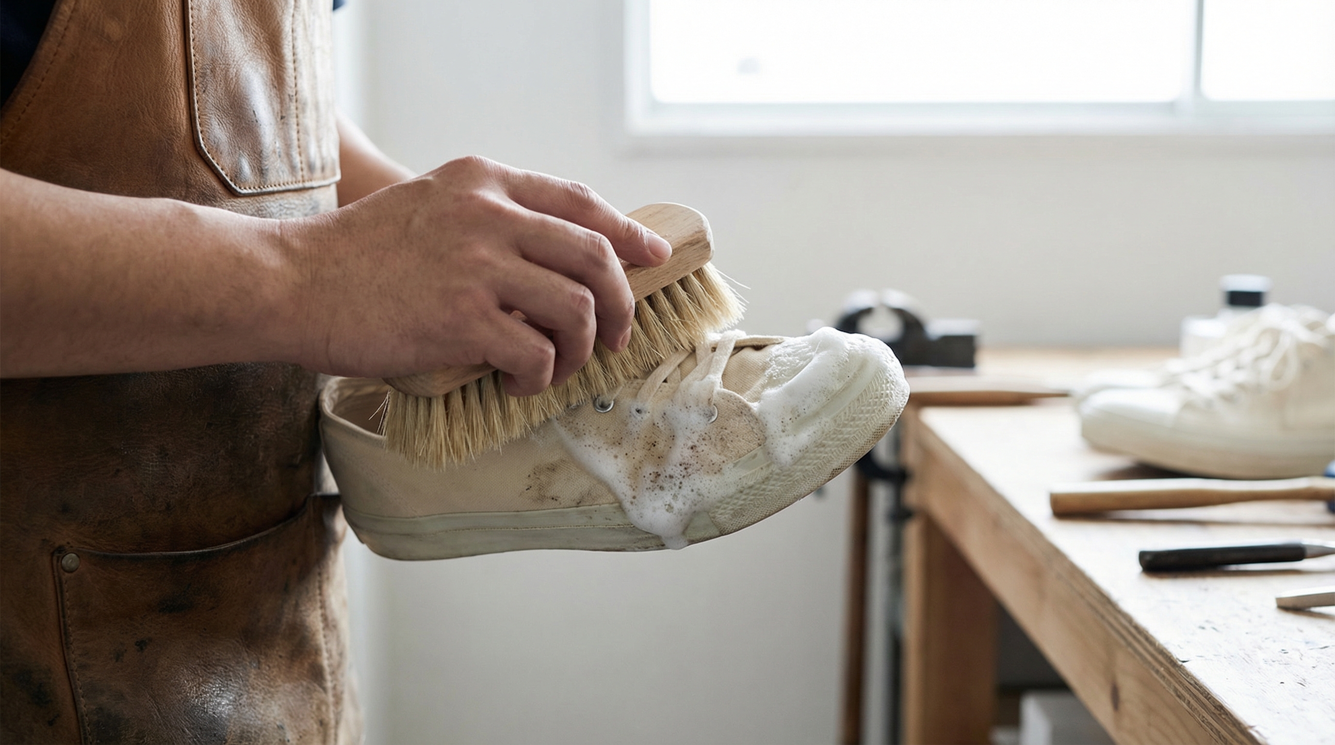 Hands using a soft brush to create cleaning foam on a canvas sneaker