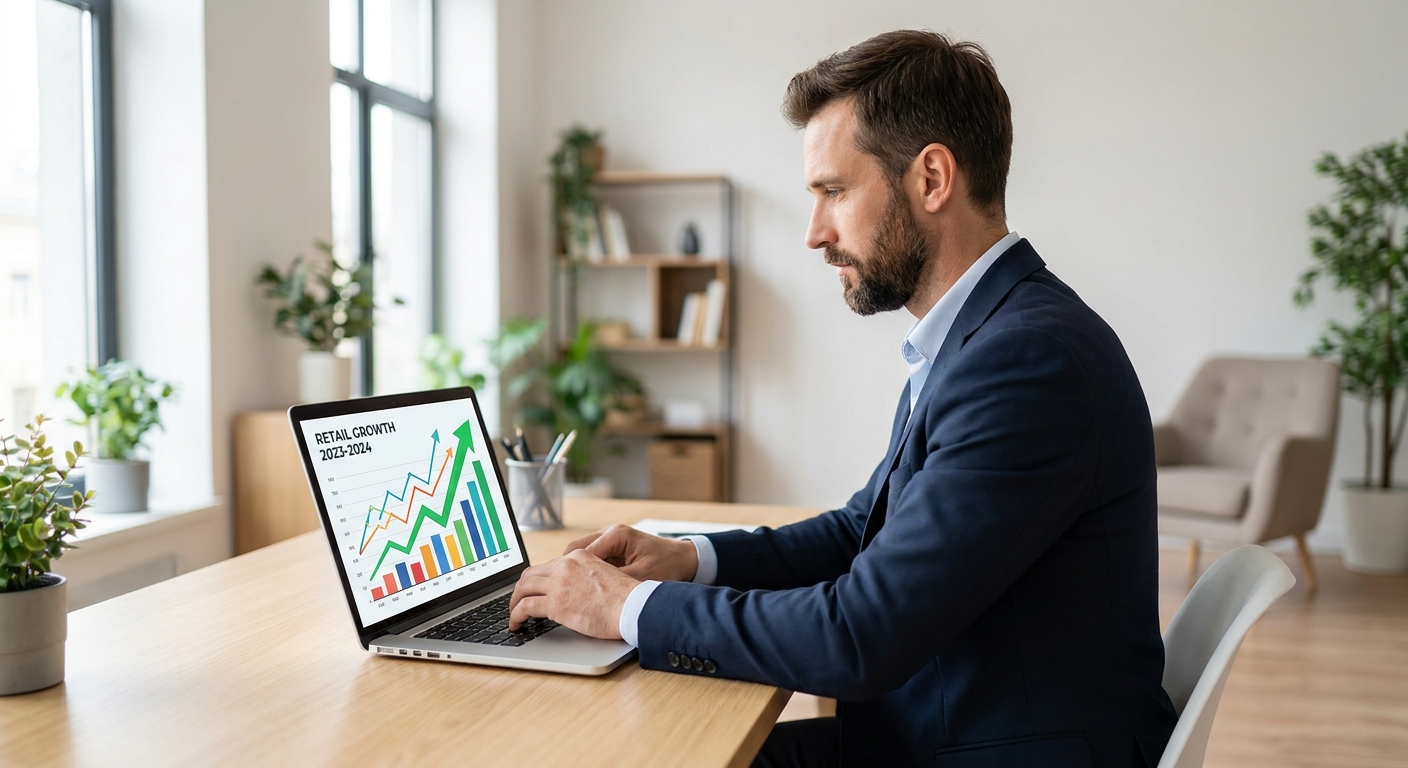 E-commerce Entrepreneur Analyzing Growth Charts in Modern Home Office