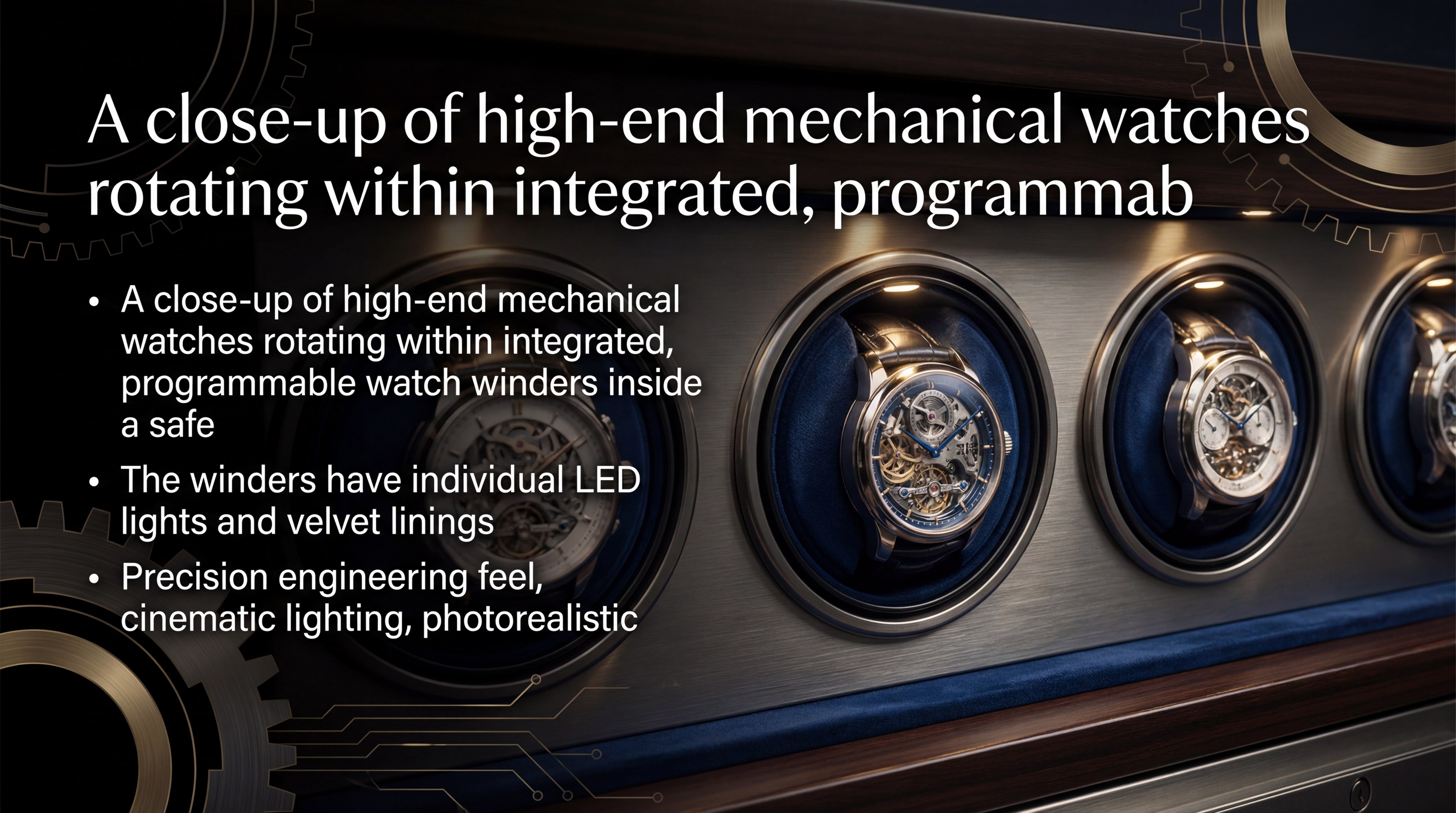 A close-up of high-end mechanical watches rotating within integrated winders