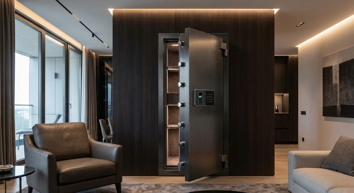 A large luxury steel safe door standing open in a modern living room