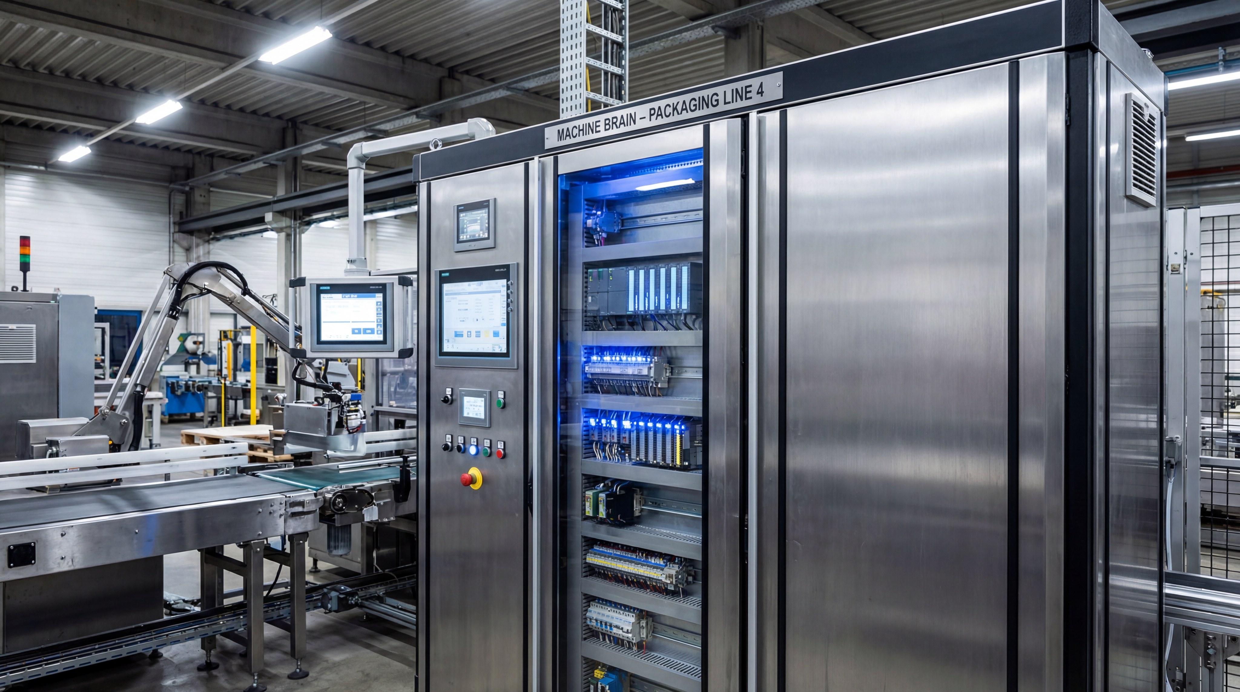 User-friendly HMI touchscreen for managing PLC control systems and packaging machine recipes.