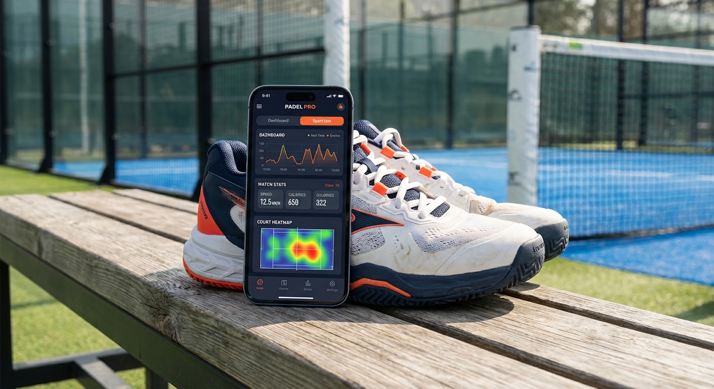A person using a smartphone app to check padel performance data and shoe wear stats near a court.